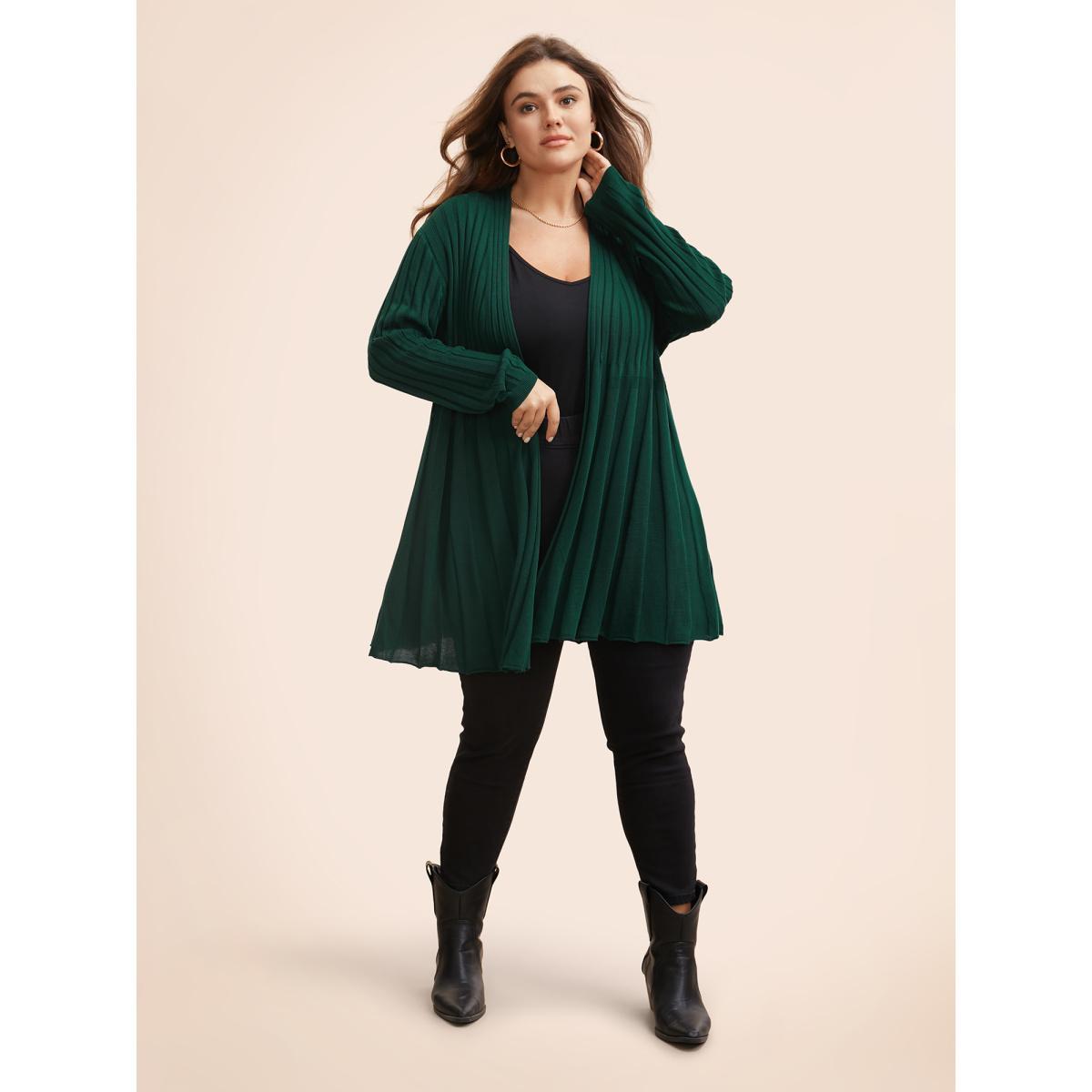Plus Size Plain Textured Kimono Collar Cardigan DarkGreen Women Casual Loose Long Sleeve Everyday Cardigans BloomChic 26/4X Product Image