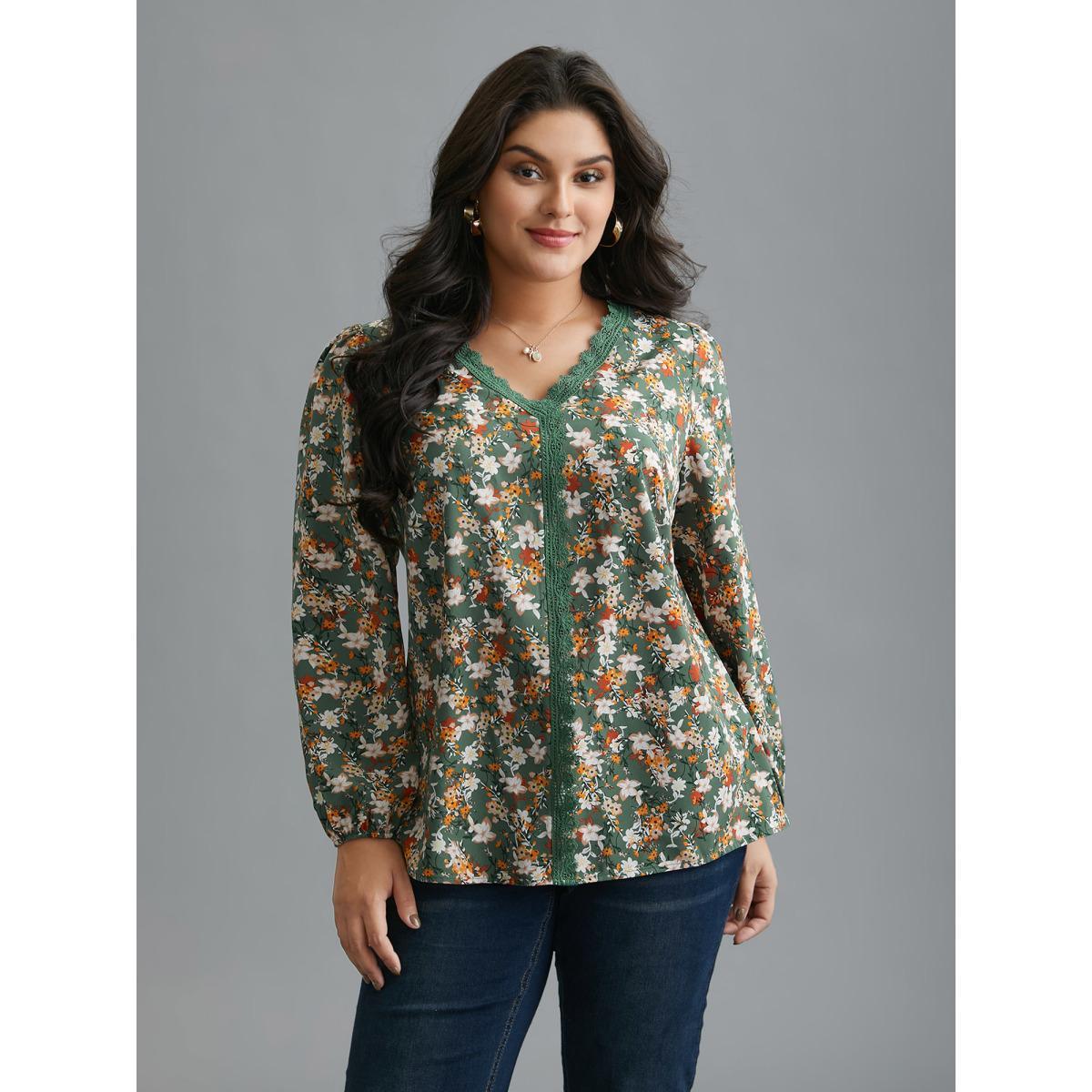 Plus Size Sage Floral Lace Panel Lantern Sleeve Blouse Women Elegant Long Sleeve V-neck Everyday Blouses BloomChic 30/6X Product Image
