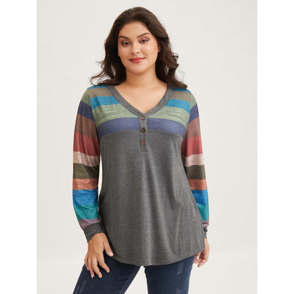 Plus Size Colorblock Contrast V Neck Button Up T-shirt Multicolor Women Casual Elastic cuffs Striped V-neck Everyday T-shirts BloomChic 14-16/1X Product Image
