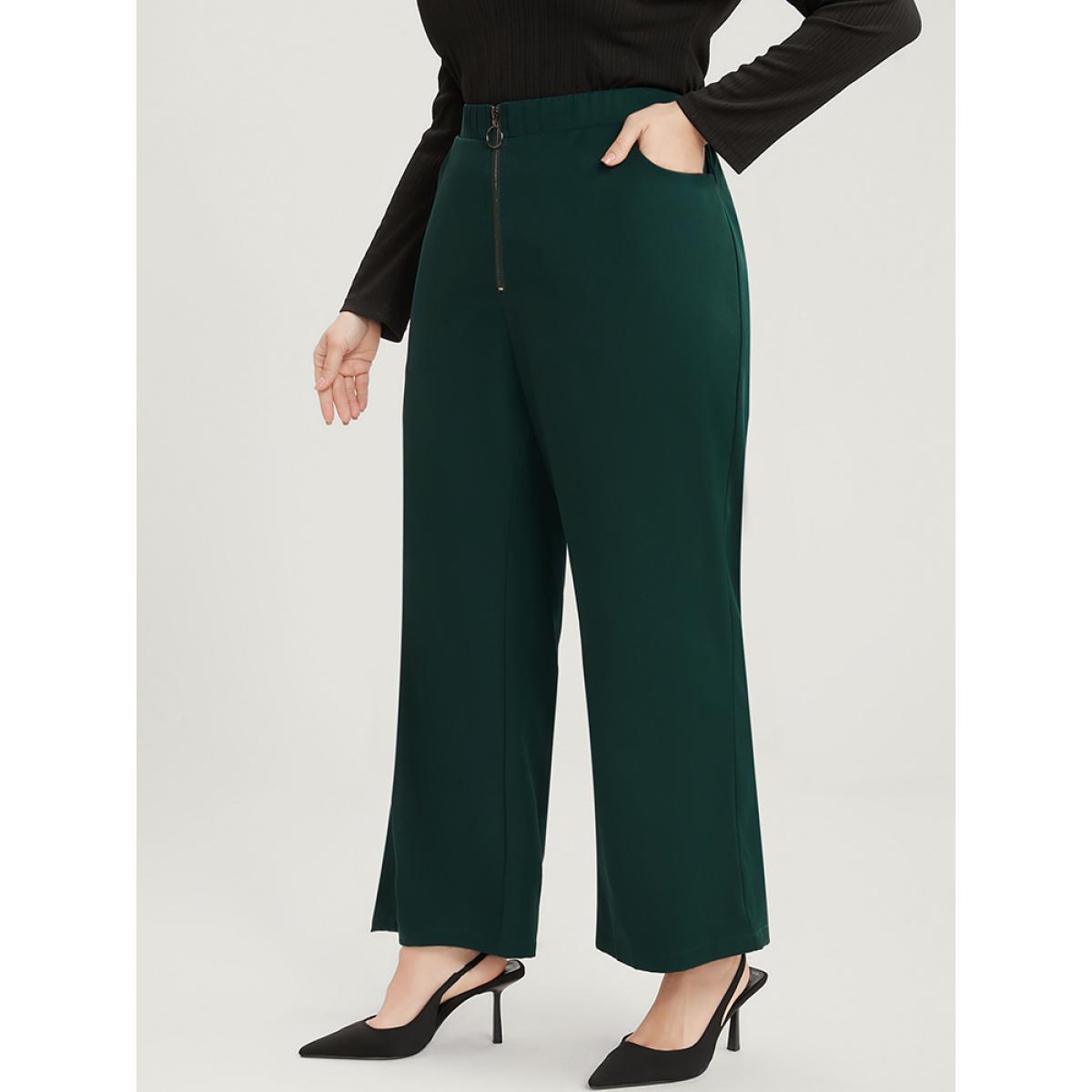 Plus Size Solid O Ring Zipper Pocket Elastic Waist Wide Leg Pants Women DarkGreen Office Wide Leg High Rise Work Pants BloomChic 10/M Product Image