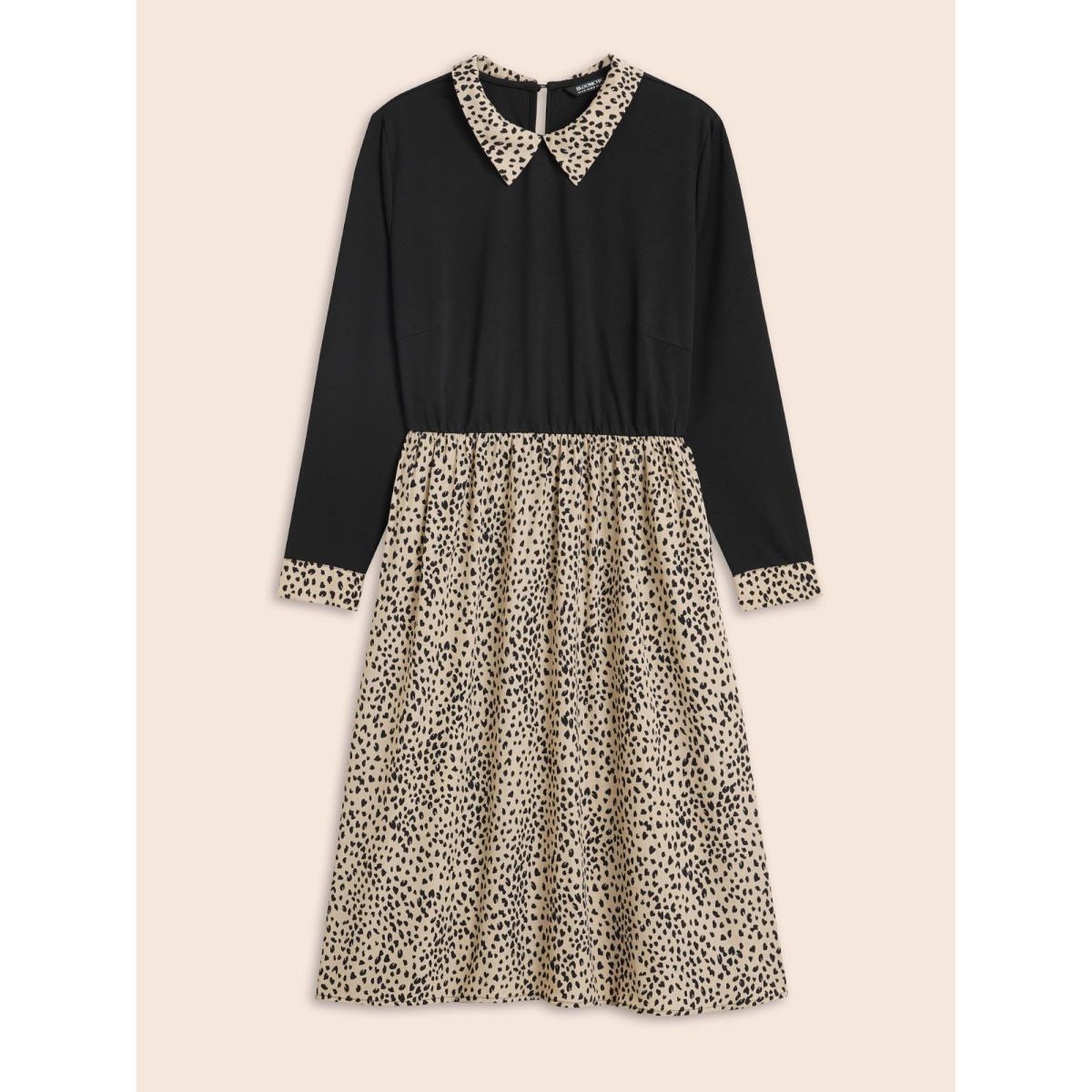 Plus Size Shirt Collar Leopard Print Patchwork Dress Tan Women At the Office Patchwork Shirt collar Long Sleeve Curvy BloomChic 18-20/2X Product Image