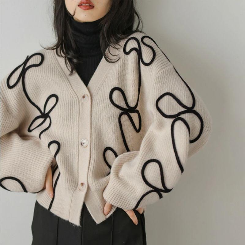 V-Neck Embroidered Button Crop Cardigan Product Image