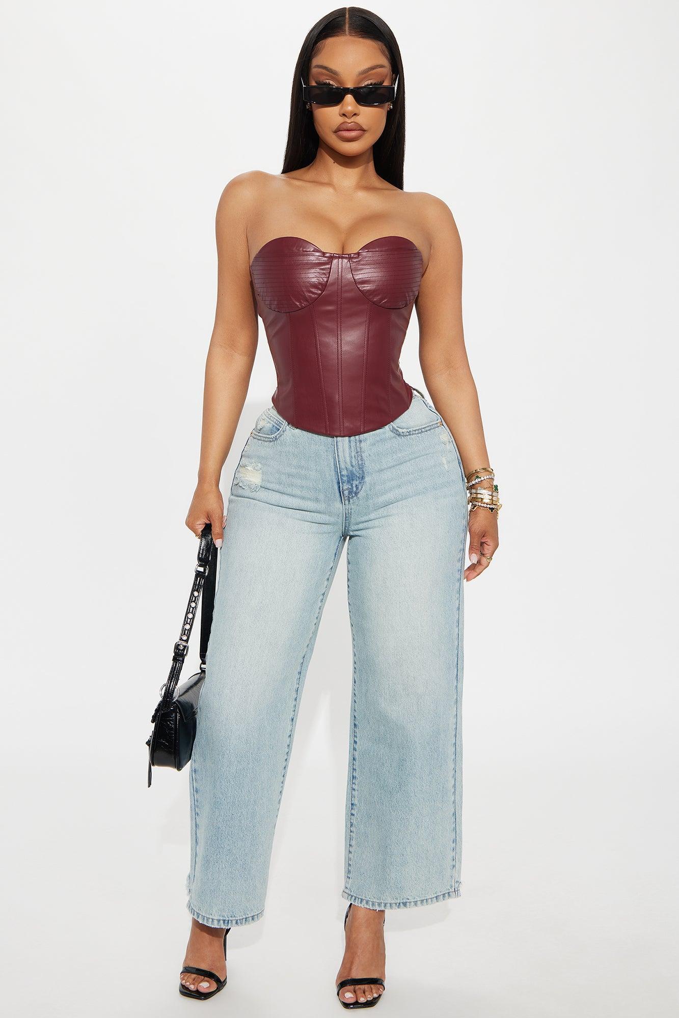 Too Perfect Faux Leather Corset Top - Burgundy Product Image
