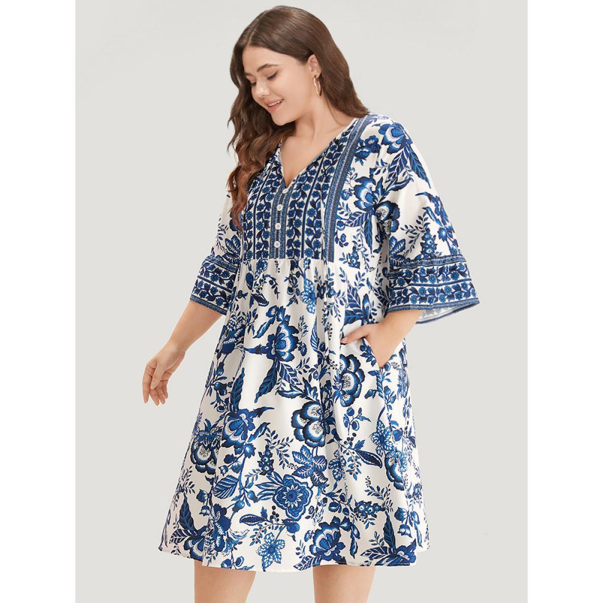 Plus Size Bandana Print Knot Neck Button Detail Dress DarkBlue Women Vacation Cross straps V-neck Elbow-length sleeve Curvy Midi Dress BloomChic 12/L Product Image