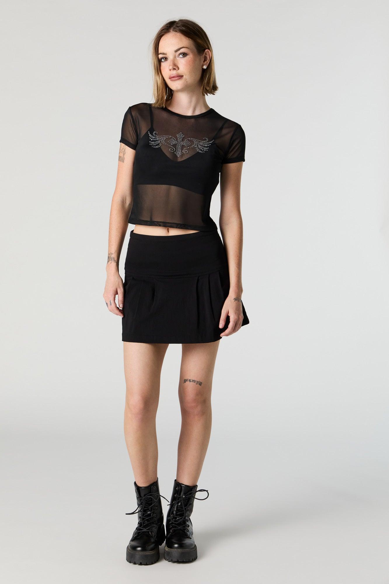 Mesh Rhinestone Graphic Cropped T-Shirt Female Product Image