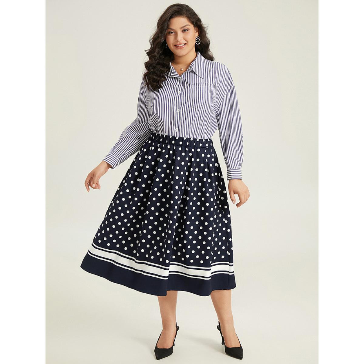 Plus Size Polka Dot Elastic Waist Contrast Skirt Women Indigo Office A-line No stretch Pocket Work Skirts BloomChic 28/5X Product Image
