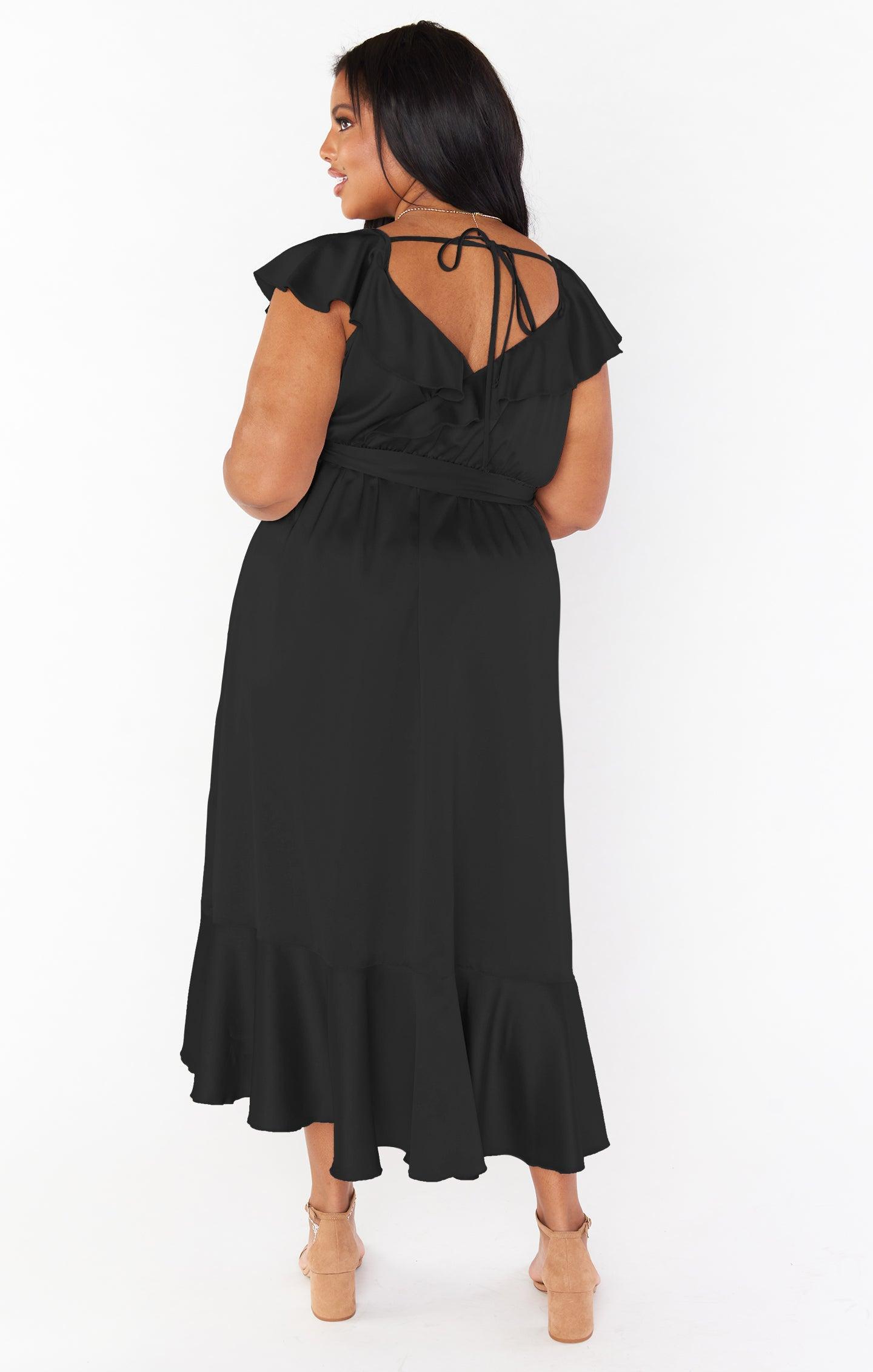 Samantha Ruffle Wrap Dress ~ Black Luxe Satin Product Image