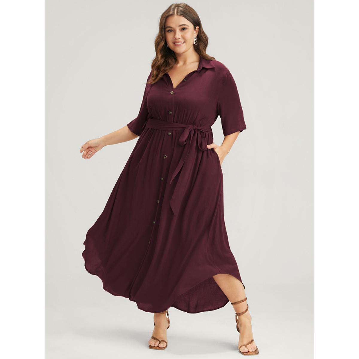 Belted Shirt Collar Button Plus Size Shirtdress Women Workleisure Plain Sleeve Short Sleeve Shirt Collar Pocket Workwear Long Dress BloomChic Product Image