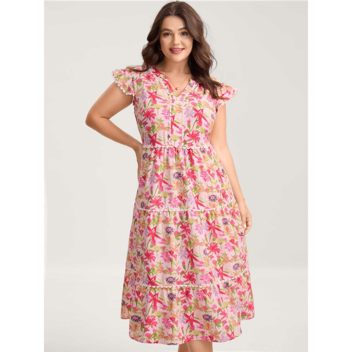 Plus Size Floral Color Block Lace Trim Midi Dress Blush Women Woven ribbon&lace trim Notched collar Cap Sleeve Curvy BloomChic 28/5X Product Image