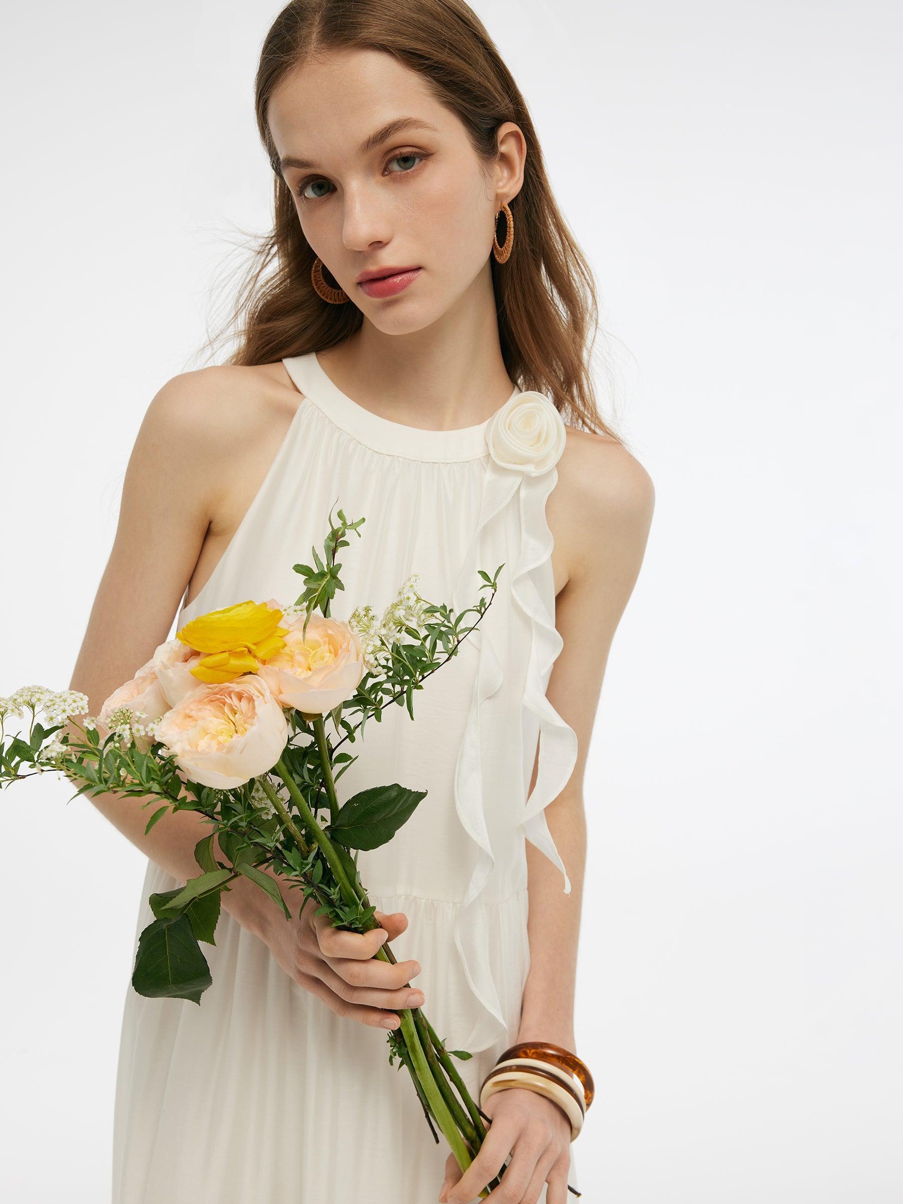 Tencel Halter Maxi Dress With Detachable Flower Product Image