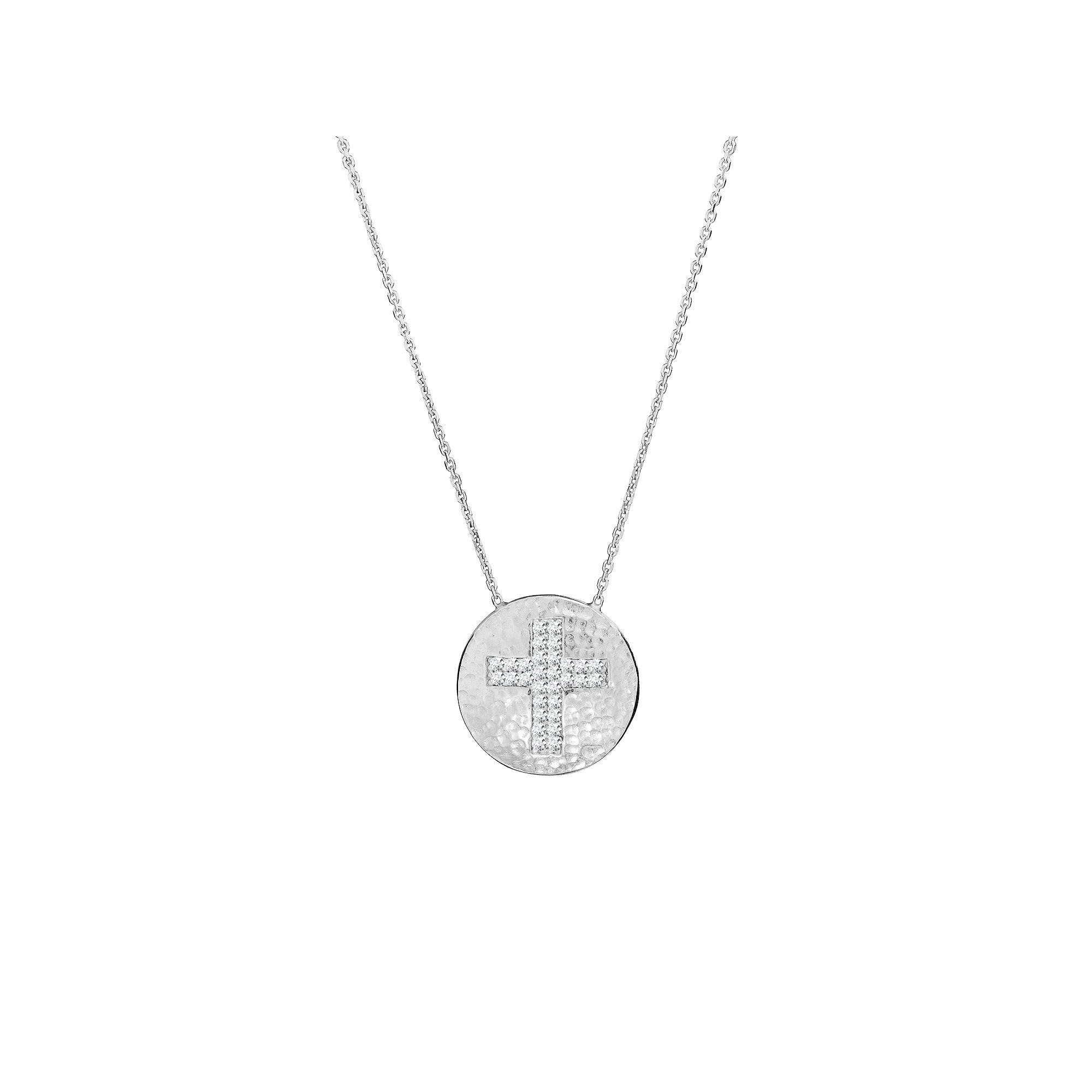 Athra NJ Inc Sterling Silver Hammered Plate with Cubic Zirconia Cross Necklace, Women's, Size: 16-18" ADJ Product Image