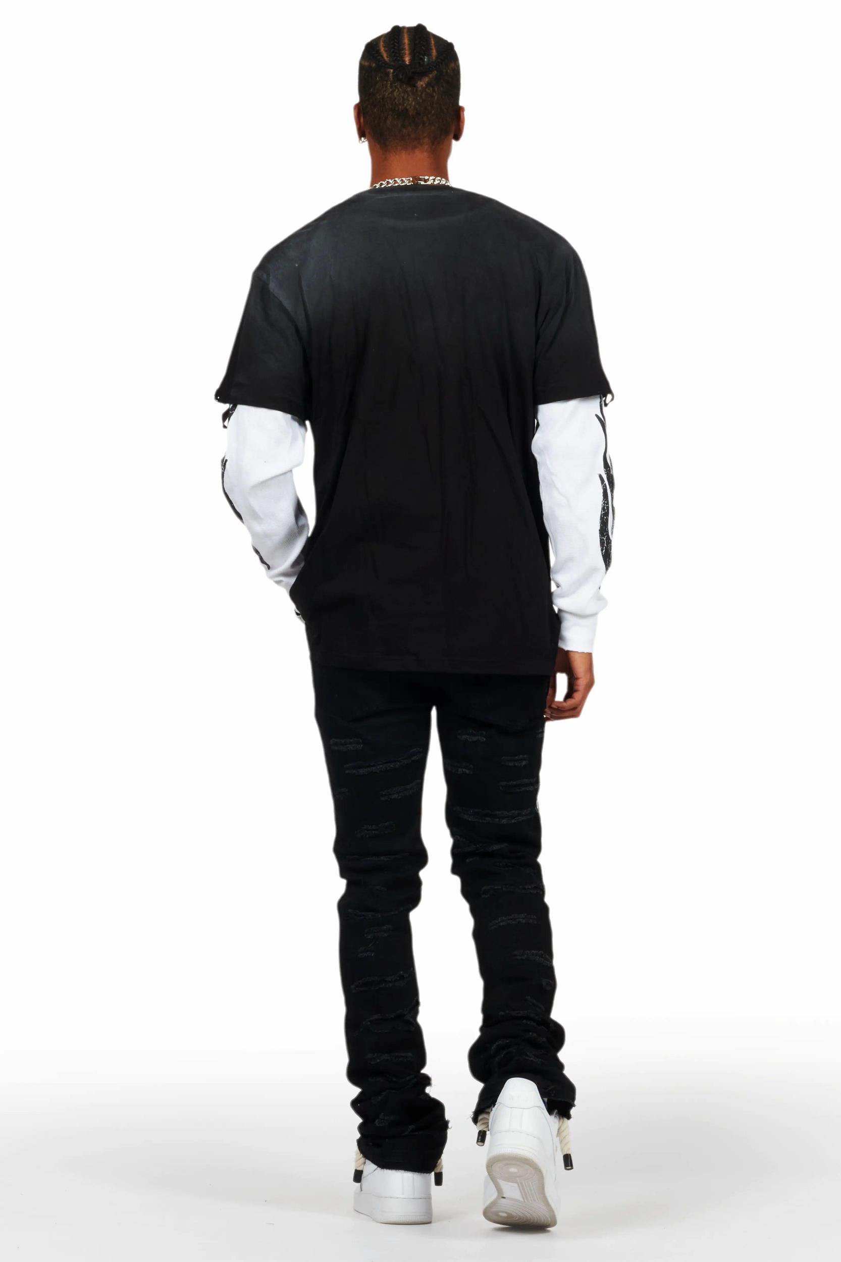 Jaren Black Double Layer Long Sleeve Graphic T-Shirt Male Product Image