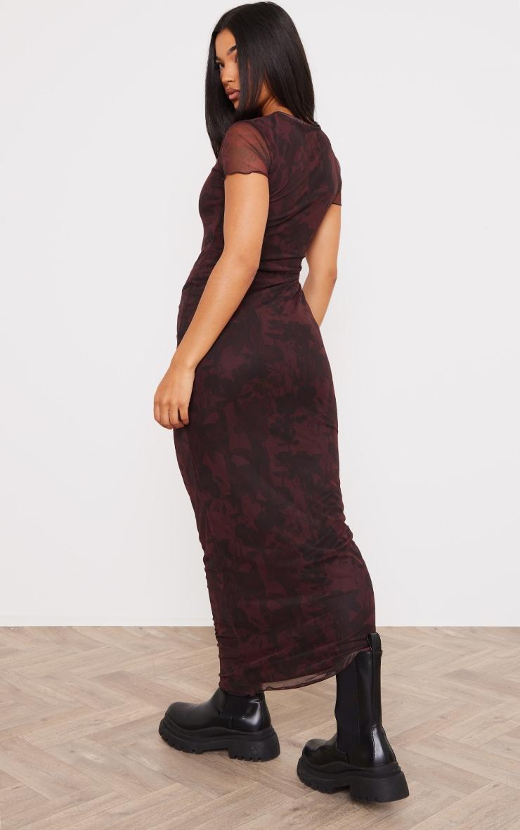 Burgundy Floral Print Mesh Short Sleeve Maxi Dress Product Image