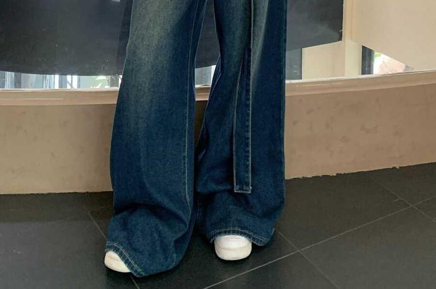 High Waist Belt Accent Washed Loose-Fit Wide-Leg Jeans Product Image