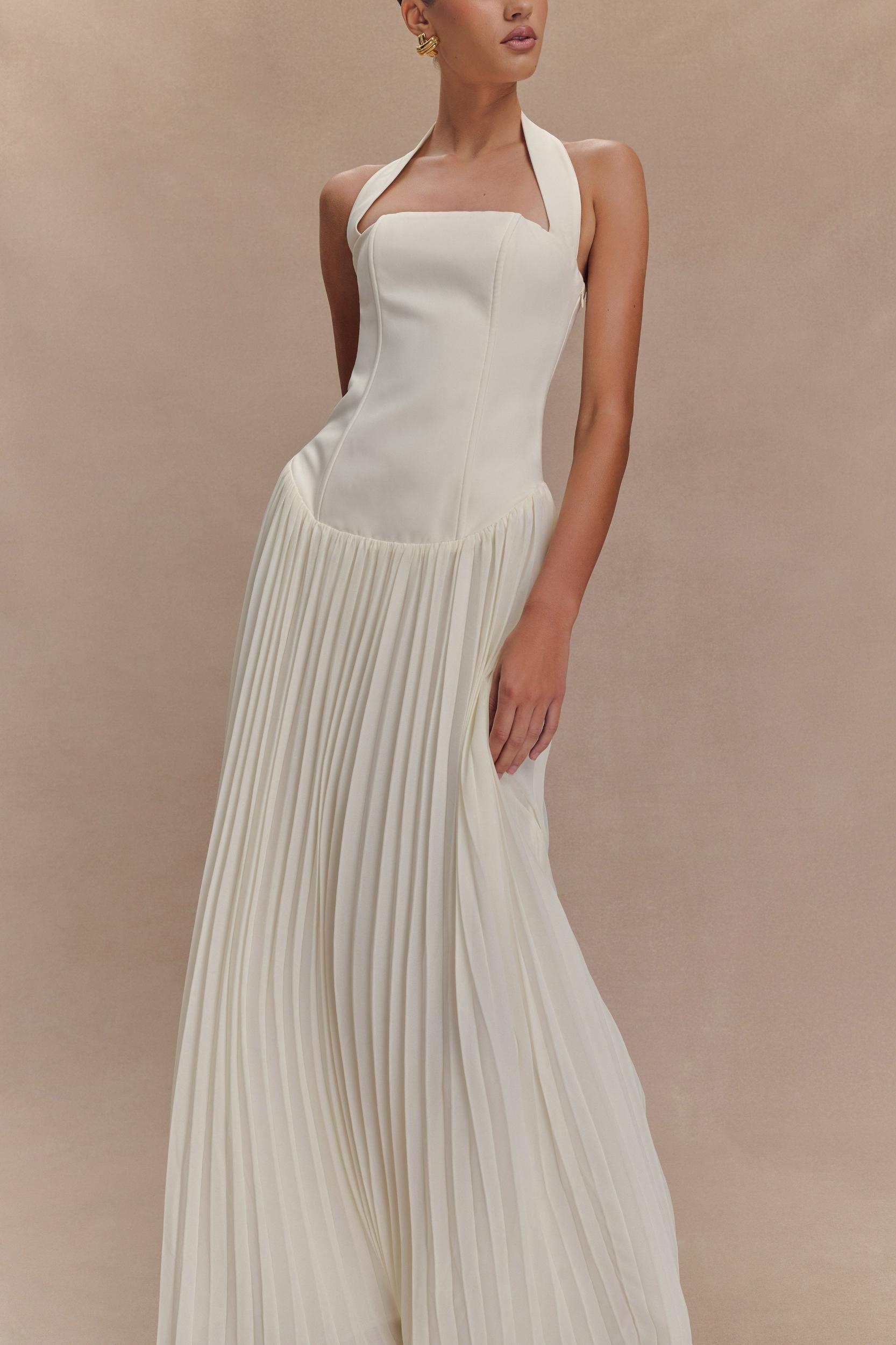 Stacie Pleated Halter Maxi Dress - Ivory Product Image