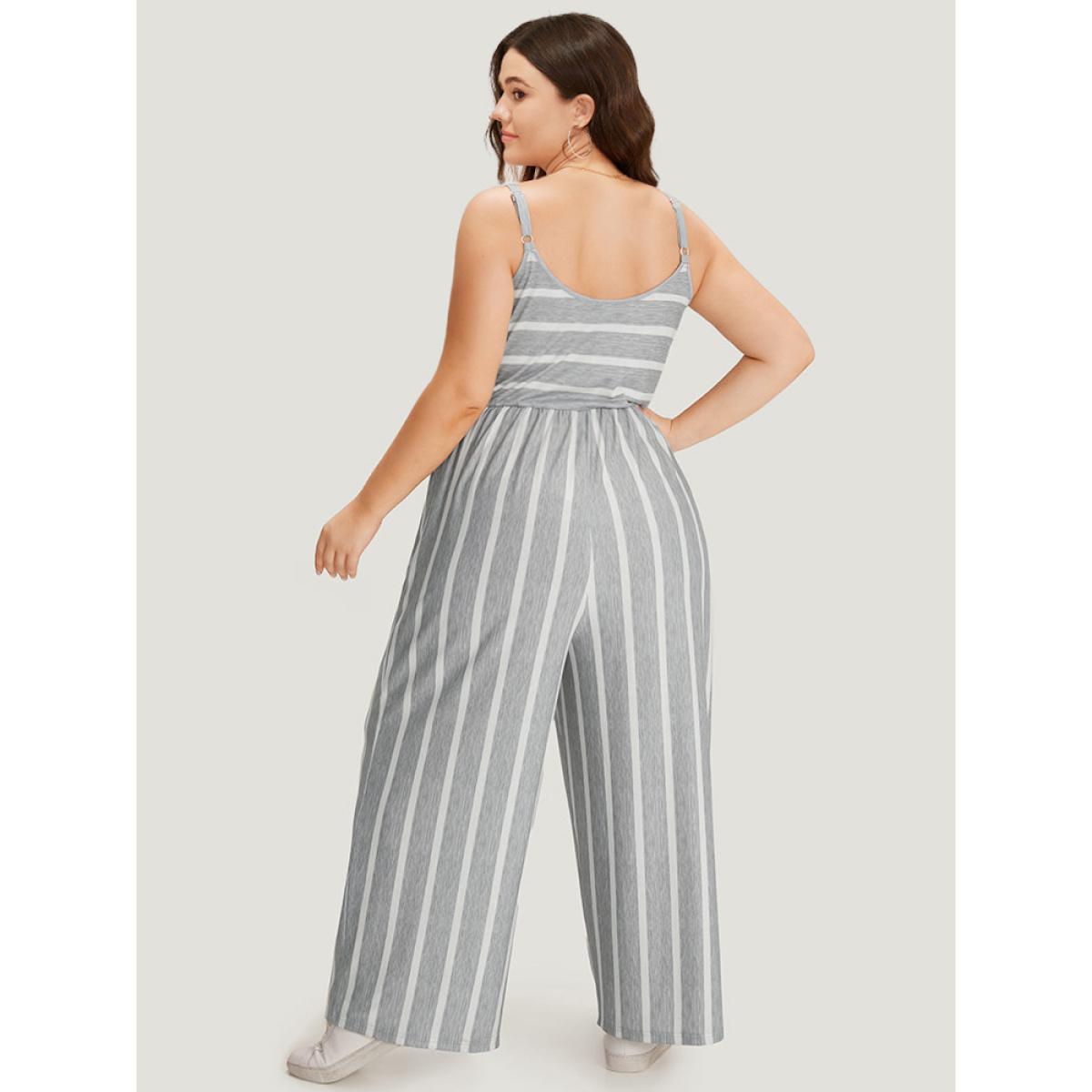 Plus Size Silver Striped Pocket Elastic Waist Cami Jumpsuit Women Casual Sleeveless Spaghetti Strap Dailywear Loose Jumpsuits BloomChic 14-16/1X Product Image