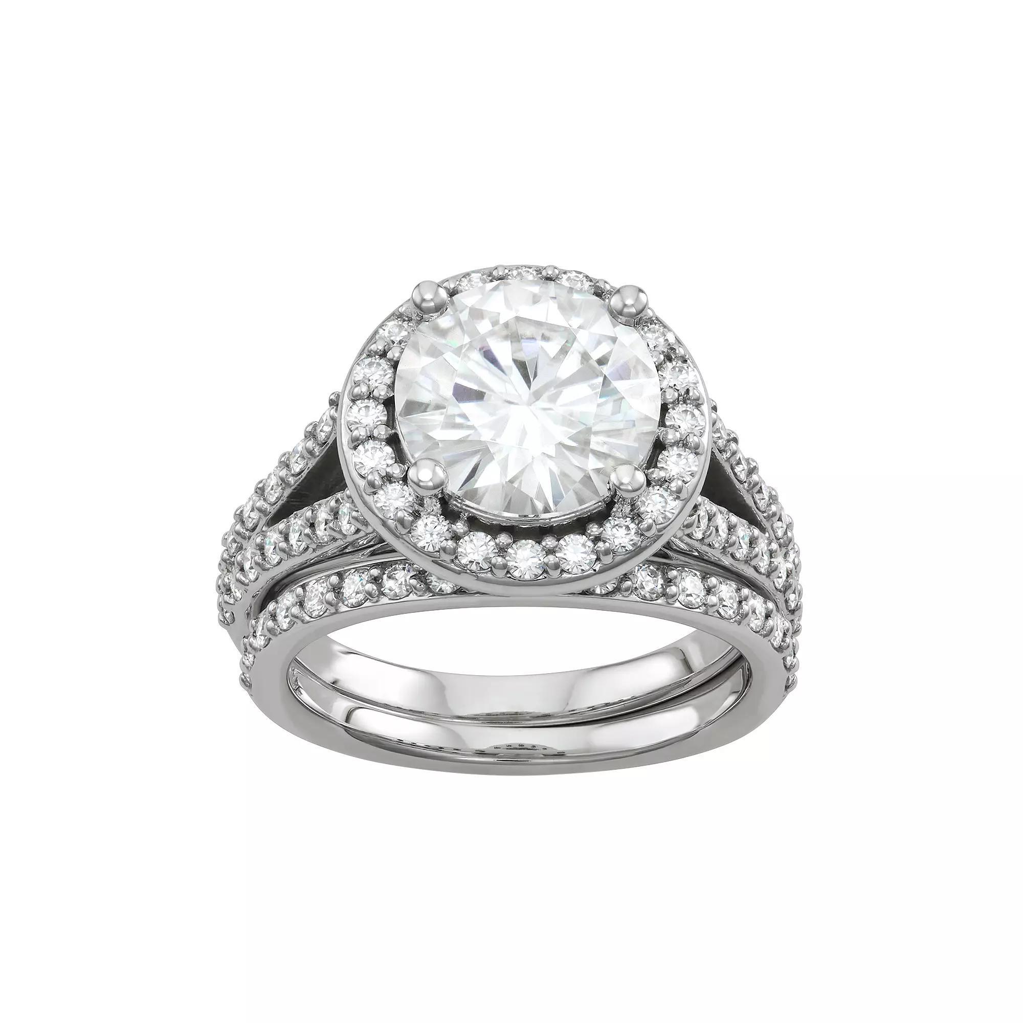 Charles & Colvard 14k White Gold 3 5/8 Carat T.W. Lab-Created Moissanite Haloed Bridal Ring Set, Womens Product Image