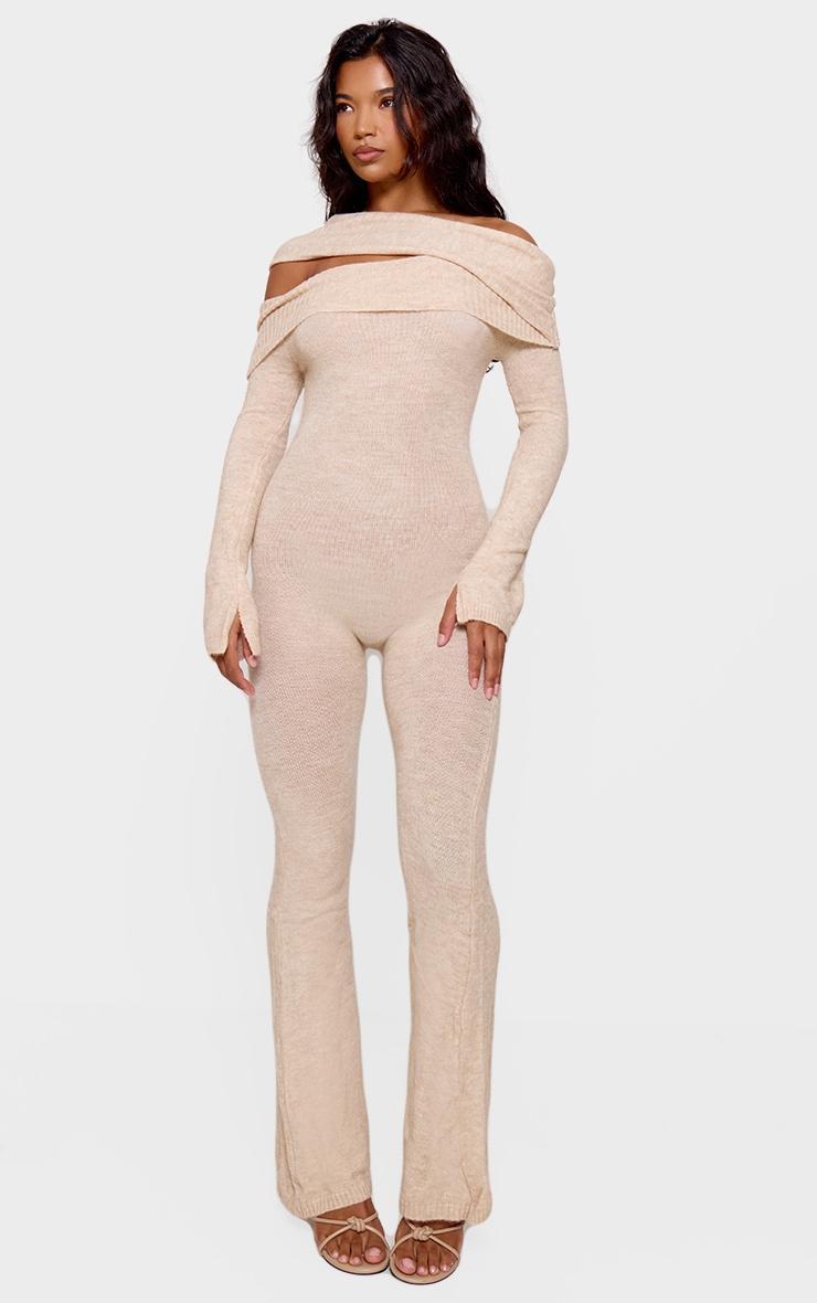 Oatmeal Soft Knit Bardot Foldover Asymmetric Neck Jumpsuit Product Image