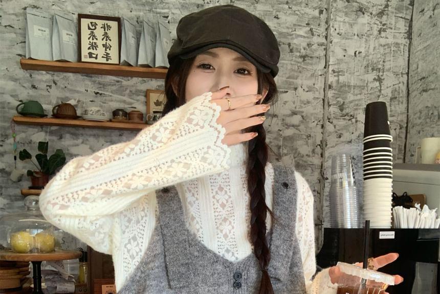 Long-Sleeve Mock-Neck Lace Top / Knit Vest / Striped Loose-Fit Pants Product Image