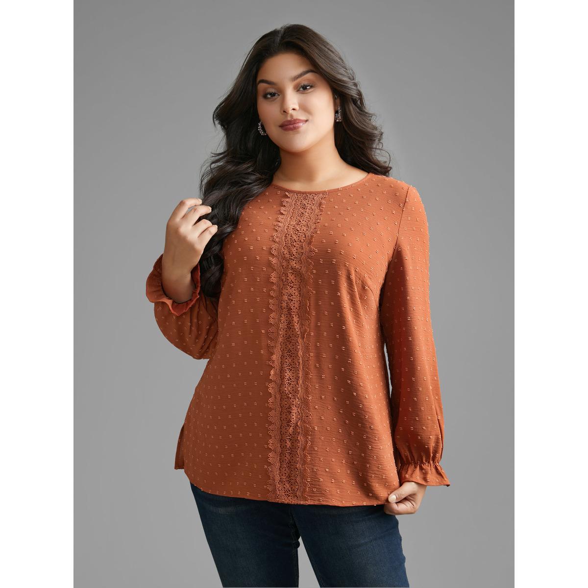 Plus Size Rust Textured Lace Panel Lantern Sleeve Blouse Women Elegant Long Sleeve Round Neck Everyday Blouses BloomChic 18-20/2X Product Image