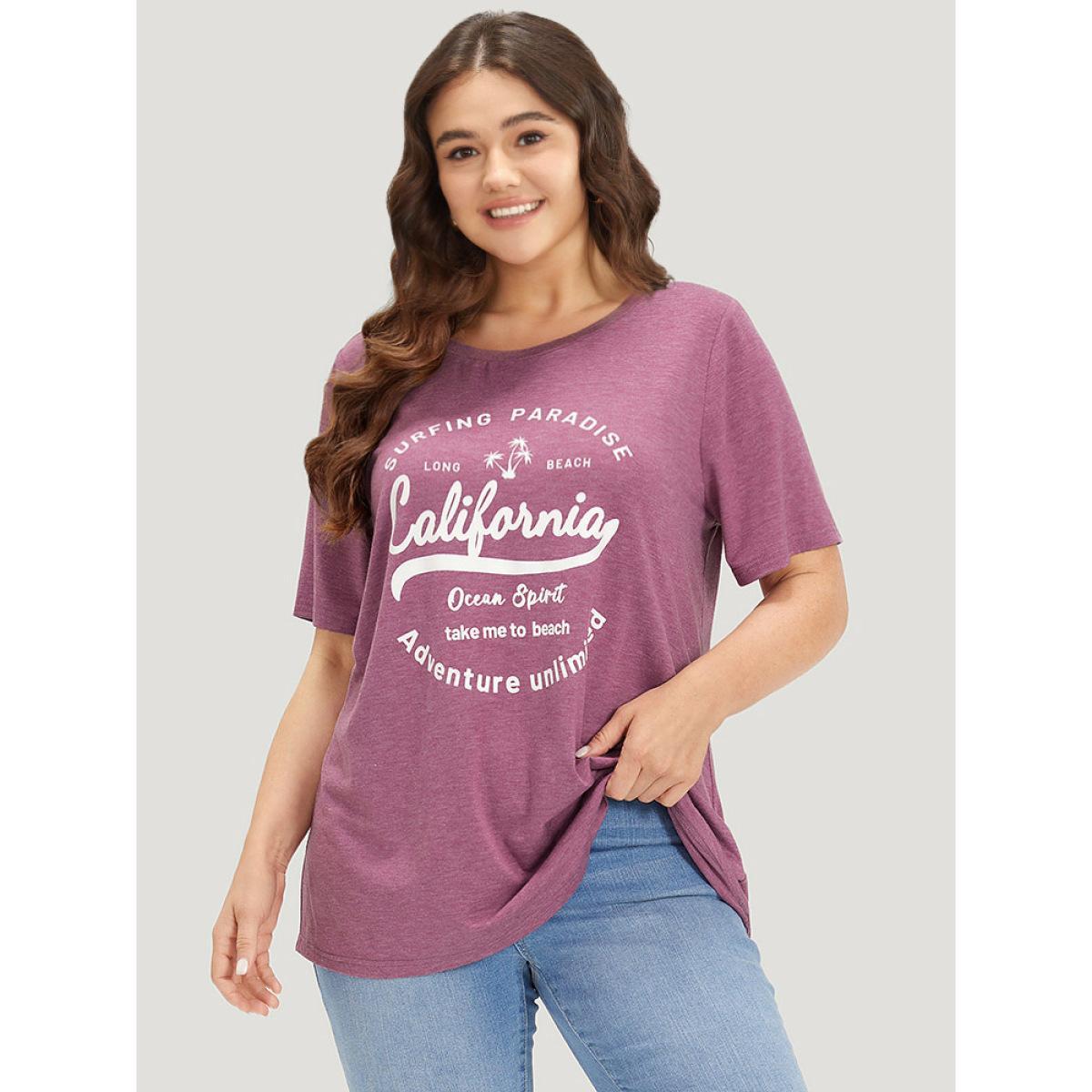 Plus Size Letter Print Heather Round Neck T-shirt Mauve Women Casual Printed Letter Dailywear T-shirts BloomChic 26/4X Product Image