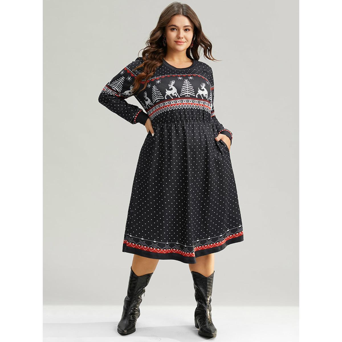 Plus Size Christmas Elk Patchwork Polka Dot Pocket Dress Black Women Casual Printed Round Neck Long Sleeve Curvy Midi Dress BloomChic 28/5X Product Image