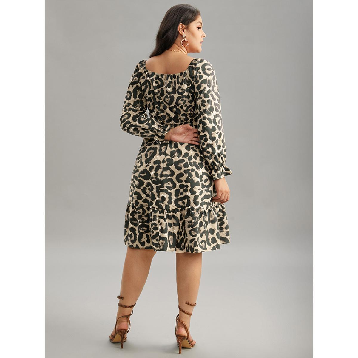 Plus Size Square Neck Leopard Shirred Ruffles Dress LightBrown Women Elegant Gathered Square Neck Long Sleeve Curvy Knee Dress BloomChic 18-20/2X Product Image