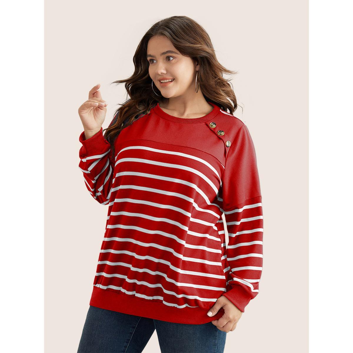 Plus Size Striped Patchwork Button Detail Sweatshirt Women Red Casual Non Round Neck Everyday Sweatshirts BloomChic 18-20/2X Product Image