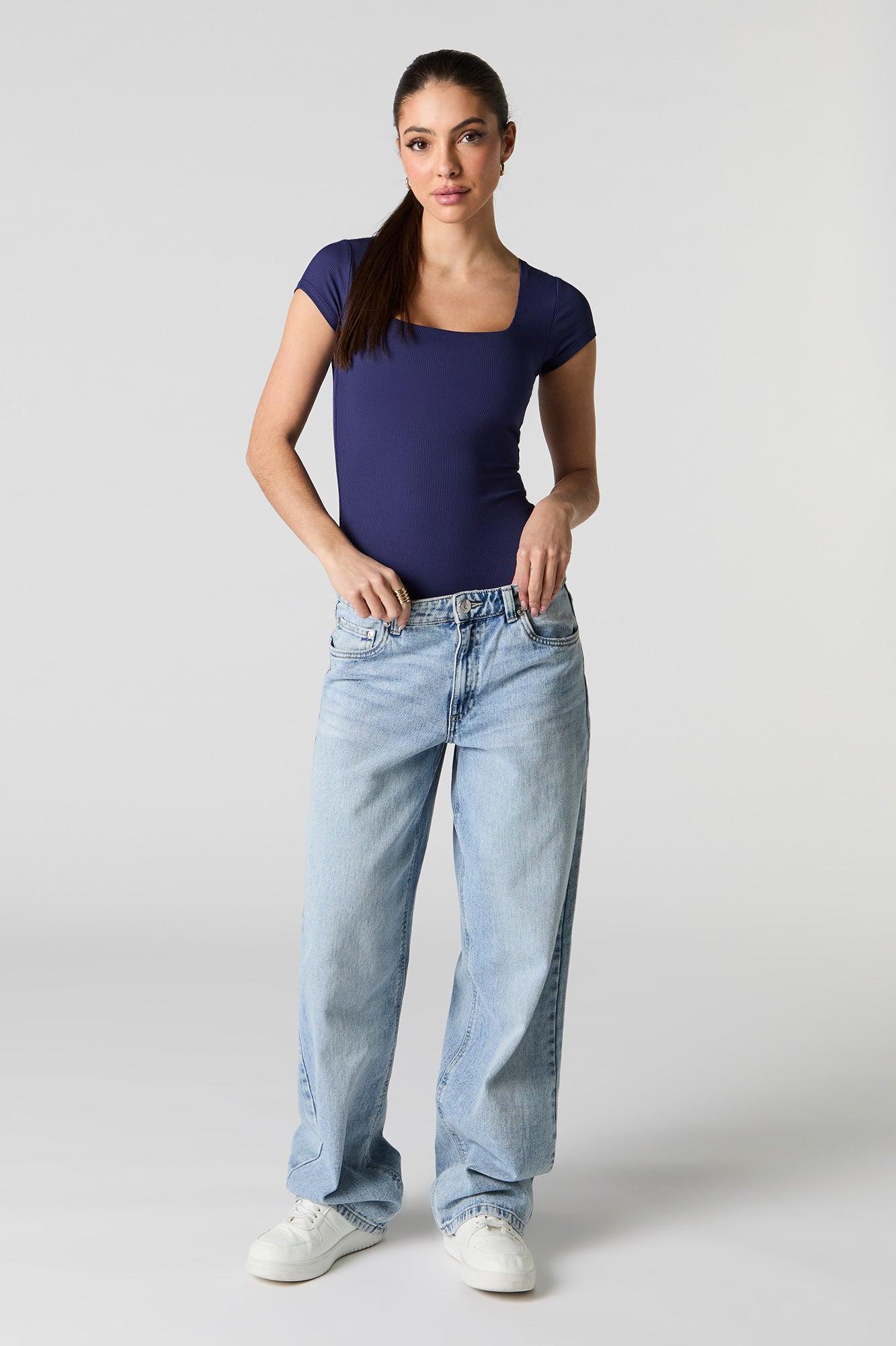 Ribbed Square Neck Short Sleeve Bodysuit Female Product Image