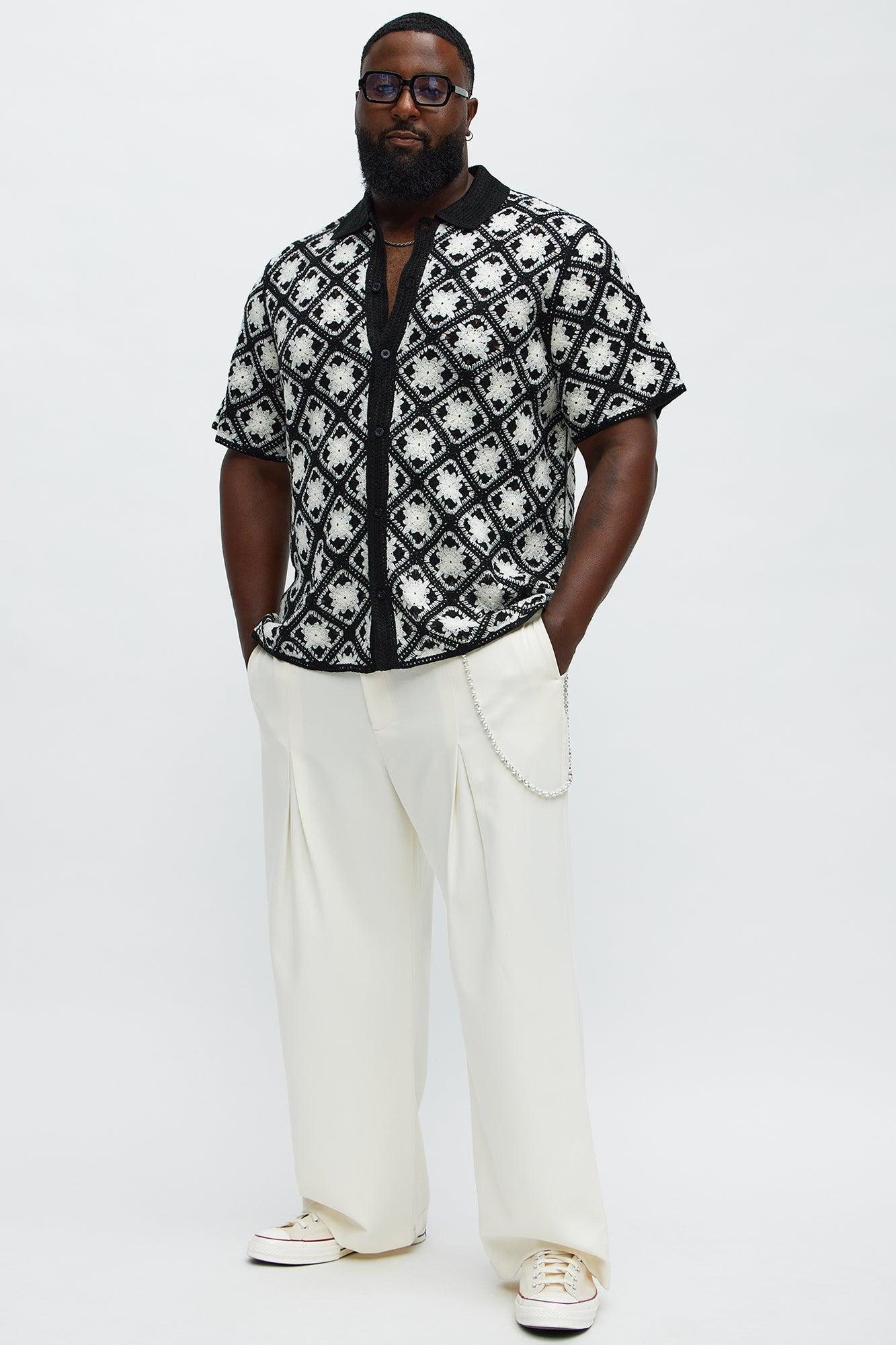 Crochet Starry Diamonds Closed Collar Shirt - Black/White Product Image