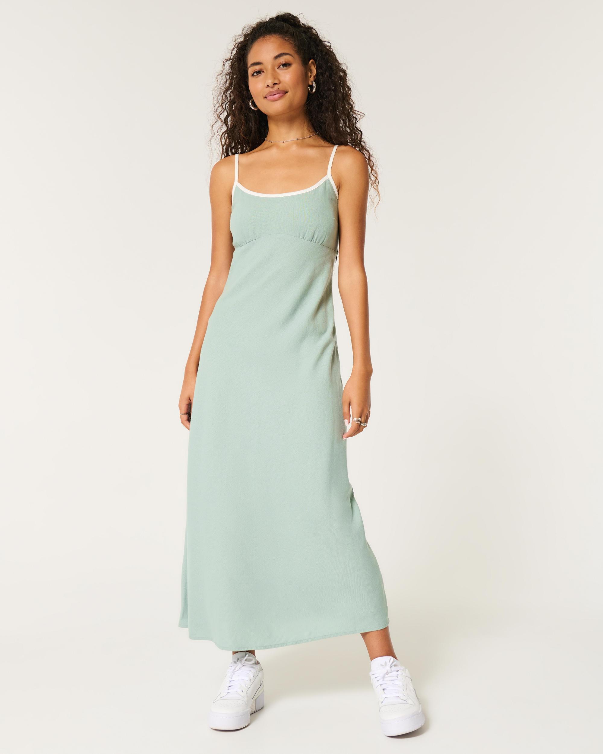 Linen-Blend Open Back Slip Midi Dress Product Image