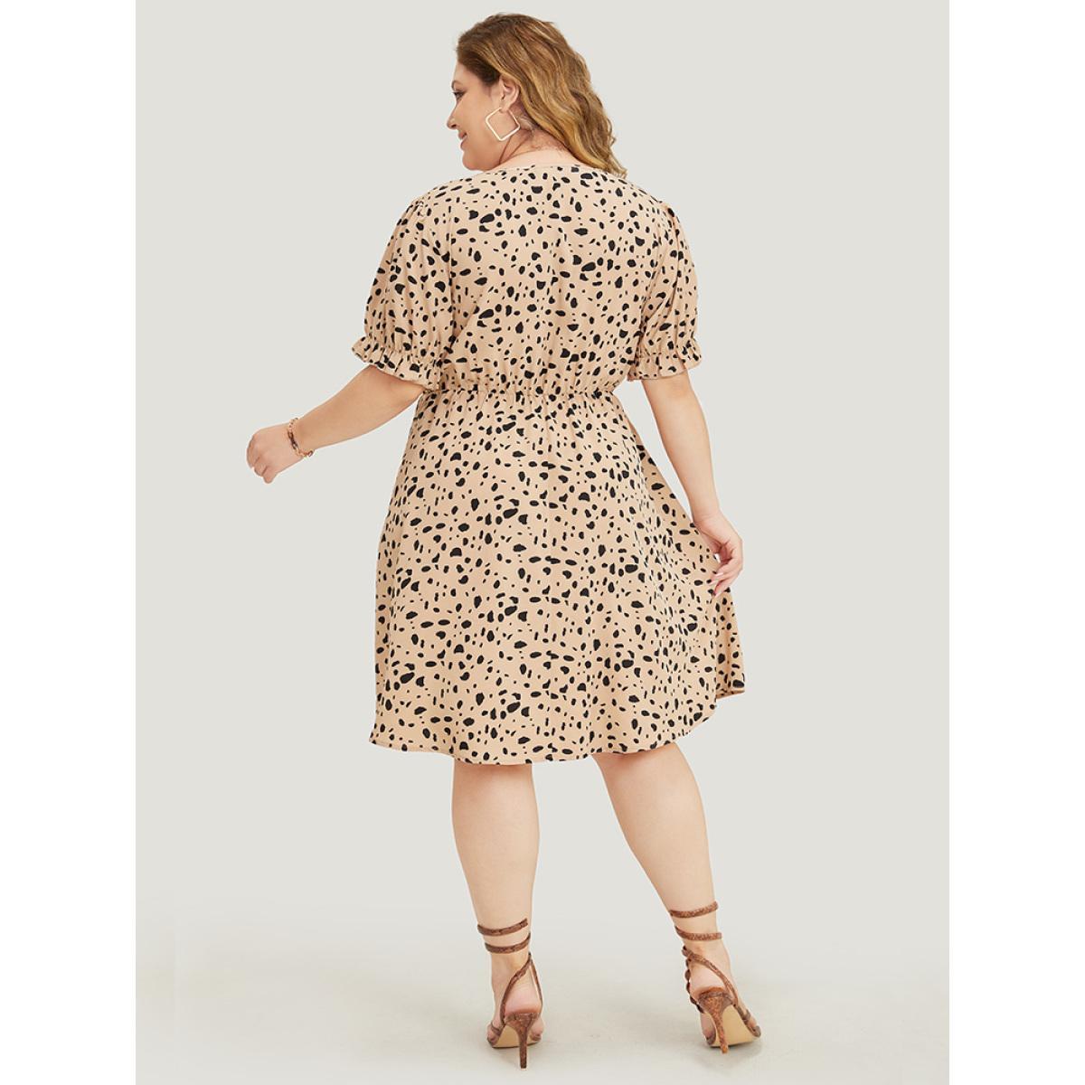 Plus Size Leopard Print Puff Sleeve Pocket Wrap Ruffle Trim Dress Apricot Women Office Wrap V-neck Short sleeve Curvy Knee Dress BloomChic 10/M Product Image