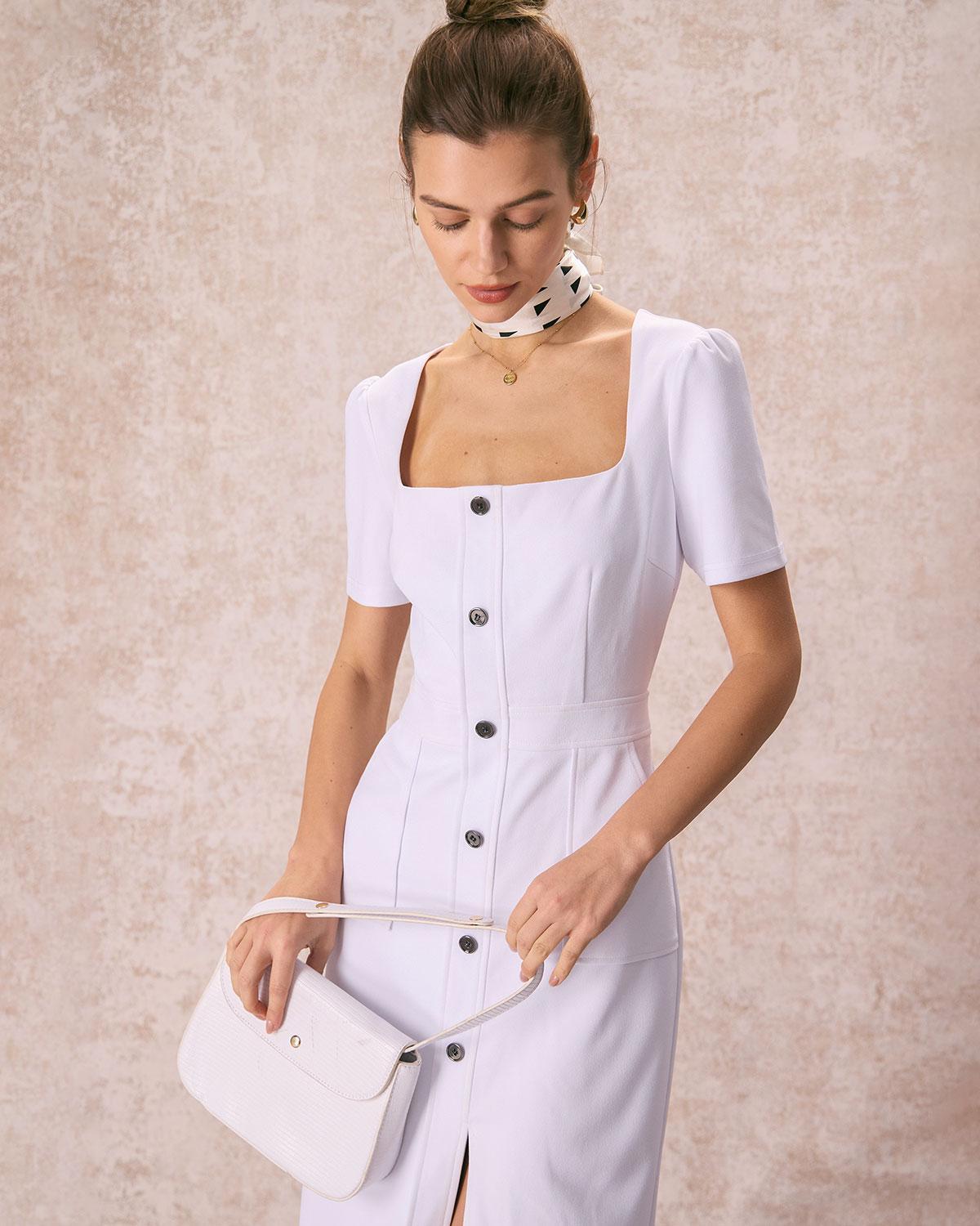 The White Square Neck Buttoned Midi Dress Product Image