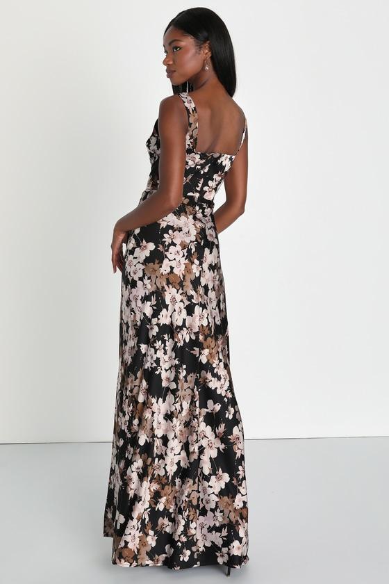 Blossoming Aura Black Floral Square Neck Tulip Maxi Dress Product Image