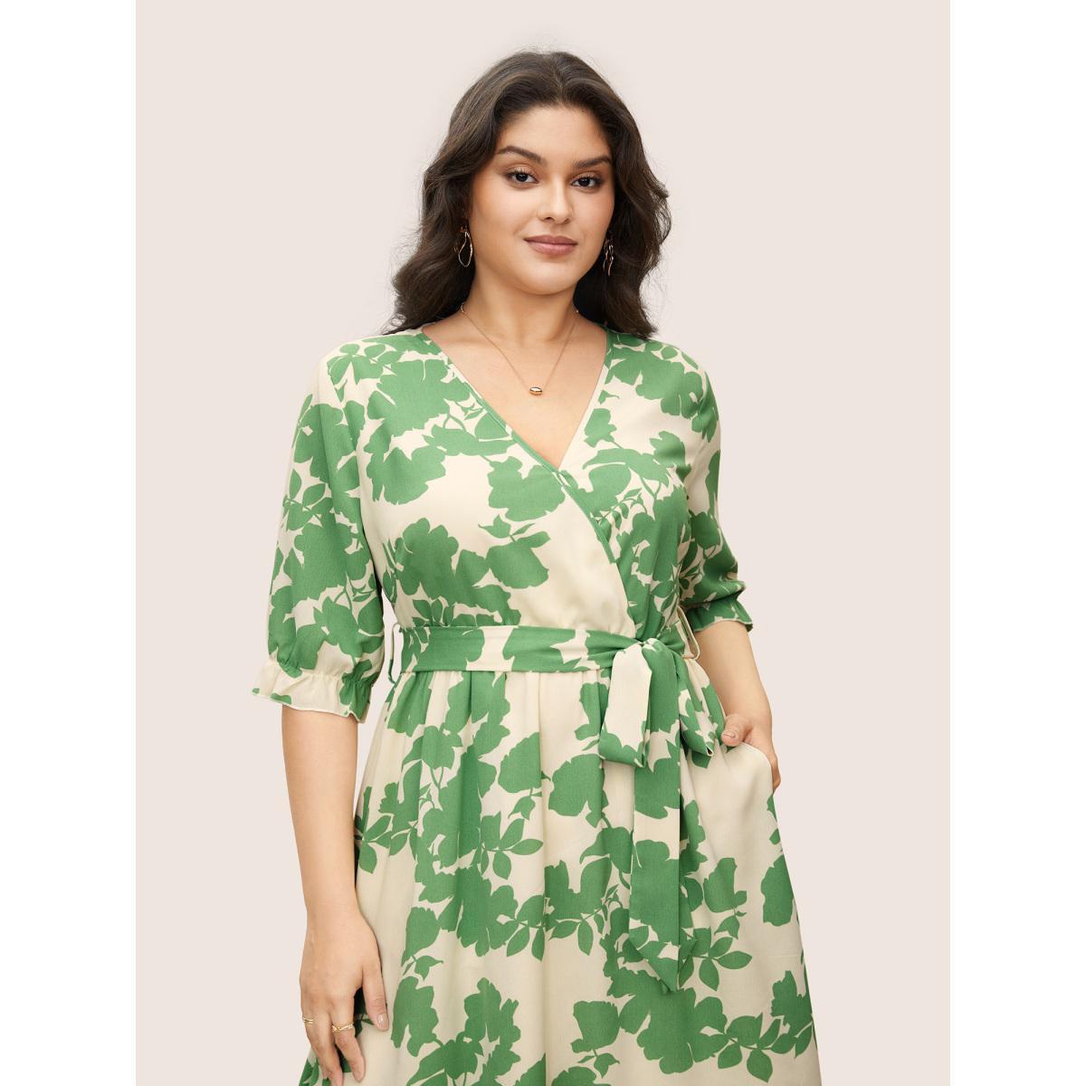 Plus Size Silhouette Floral Print Overlap Collar Lantern Sleeve Dress Mint Women Elegant Overlapping Overlap Collar Elbow-length sleeve Curvy Midi Dress BloomChic 14-16/1X Product Image
