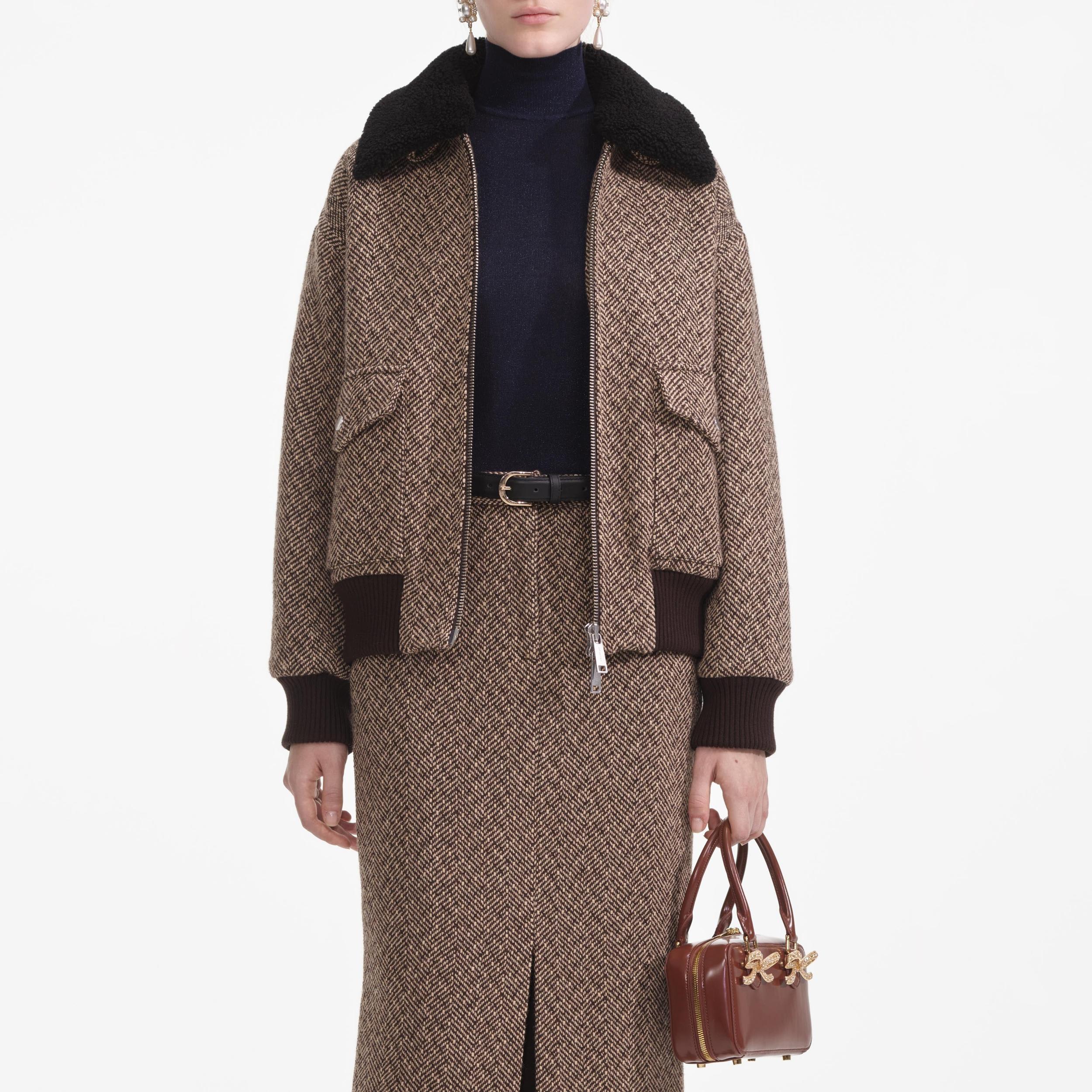 Brown Herringbone Midi Skirt Product Image
