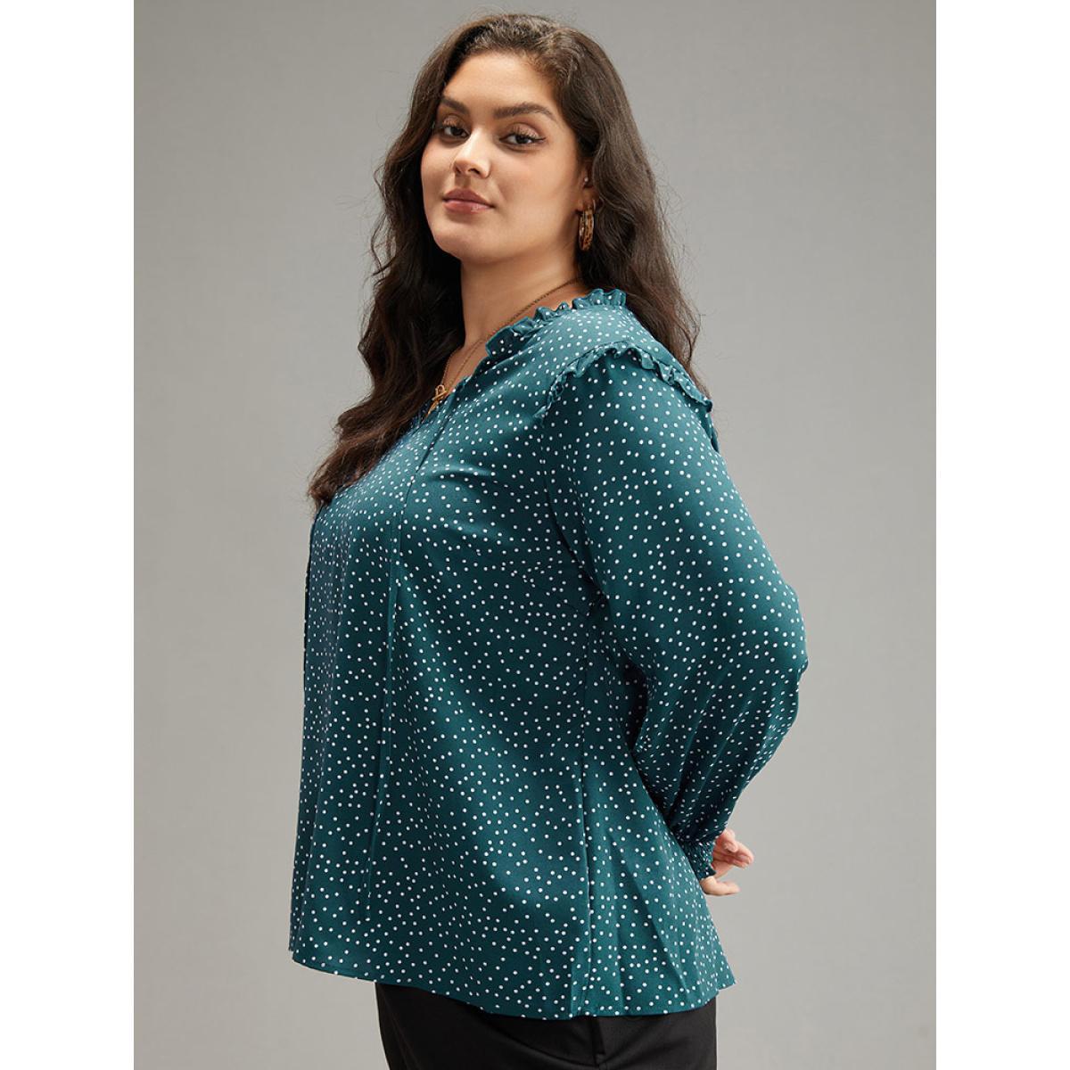 Plus Size Cyan Polka Dot Shirred Tie Neck Frill Trim Blouse Women Elegant Long Sleeve Tie Neck Dailywear Blouses BloomChic 14-16/1X Product Image