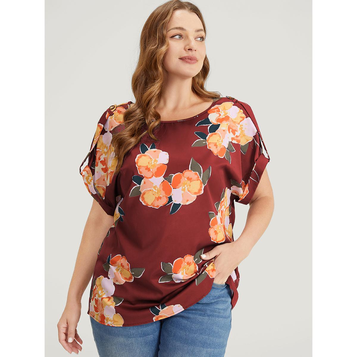 Plus Size Burgundy Floral Printed Roll Tab Sleeve Blouse Women Elegant Short sleeve Round Neck Dailywear Blouses BloomChic 28/5X Product Image