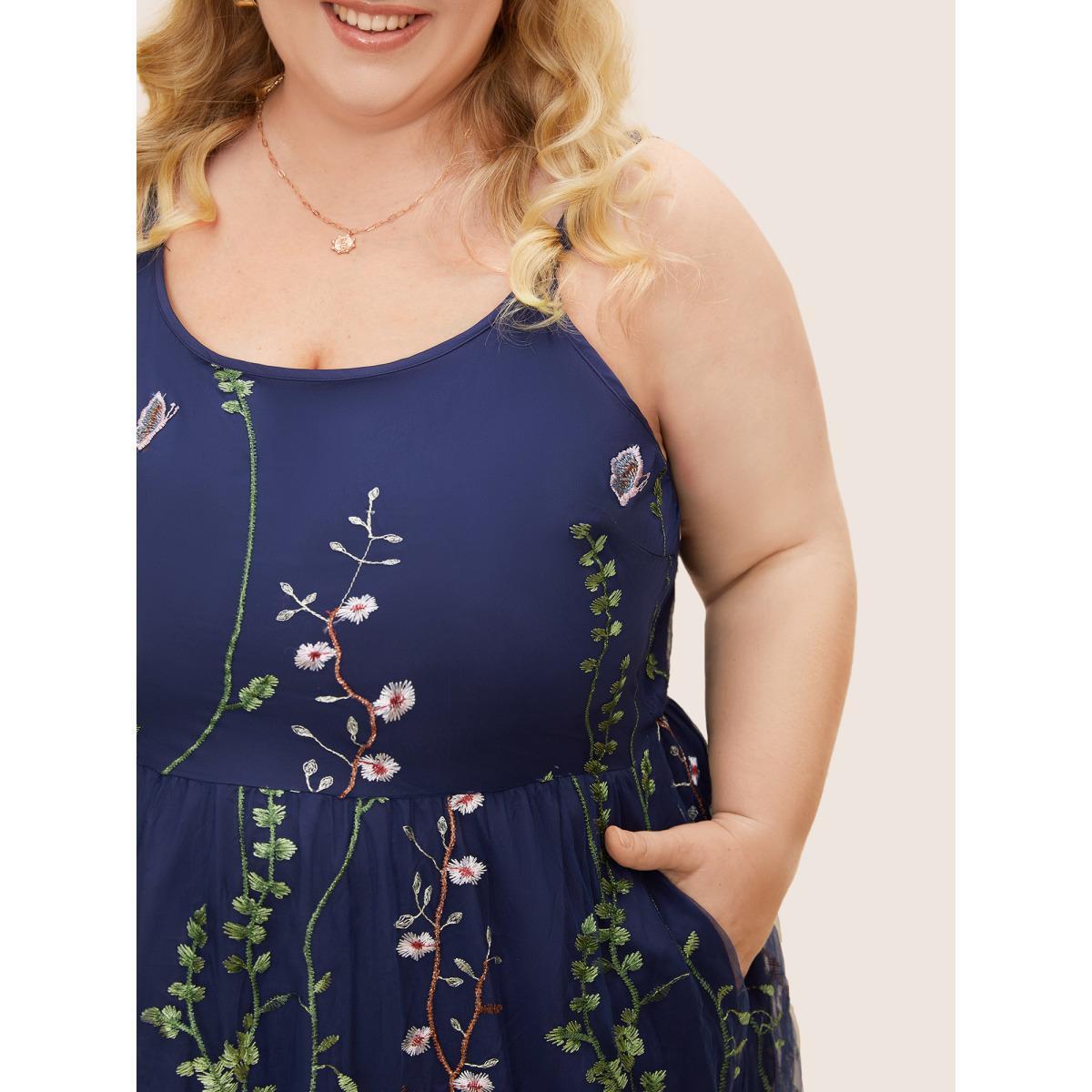 Plus Size U Neck Floral Embroidered Mesh Cami Dress DarkBlue Women Formal U-neck Sleeveless Curvy BloomChic 14-16/1X Product Image