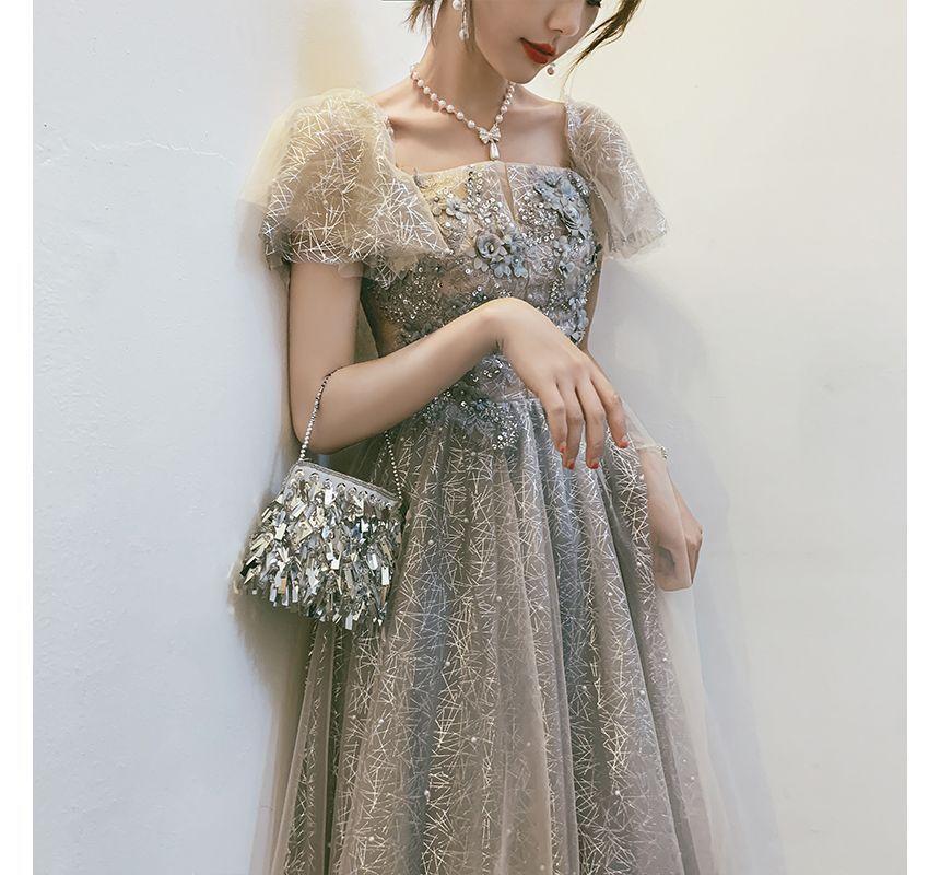 Short-Sleeve Flower Accent A-Line Evening Gown / Cocktail Dress Product Image