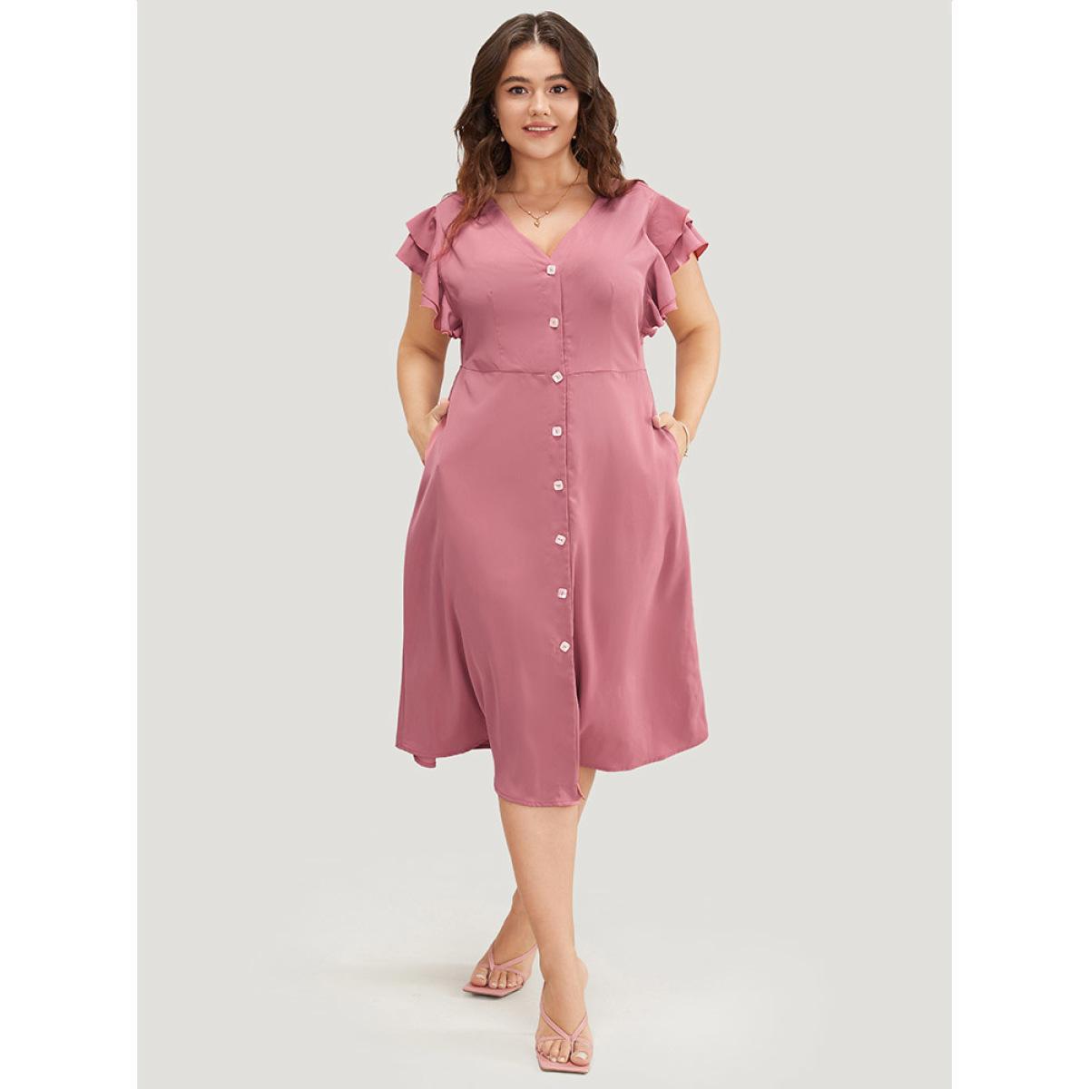 Plus Size Plain Ruffle Sleeve Pocket Tiered Button Up Dress Rouge Women Elegant Button V-neck Short sleeve Curvy Midi Dress BloomChic 12/L Product Image