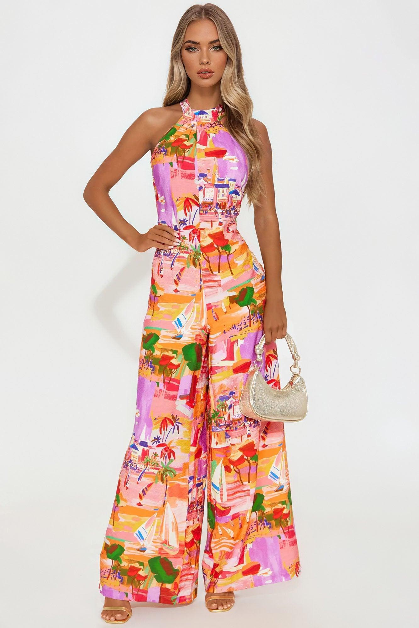 Tropical Tango Halter Jumpsuit - Pink/combo Product Image