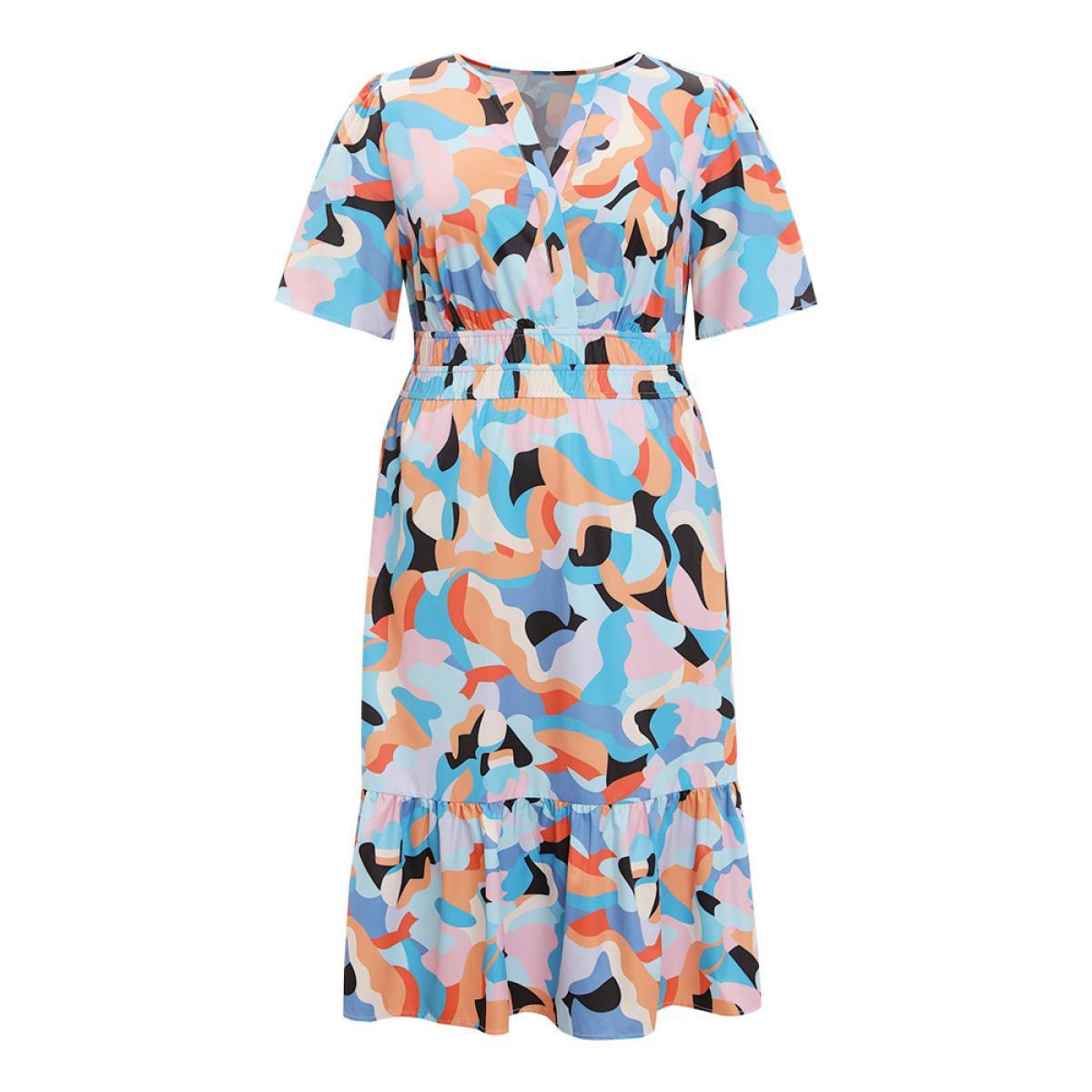 Plus Size Geometric Contrast Pocket Shirred Wrap Ruffles Dress Multicolor Women Elegant Wrap V-neck Short sleeve Curvy Midi Dress BloomChic 14-16/1X Product Image