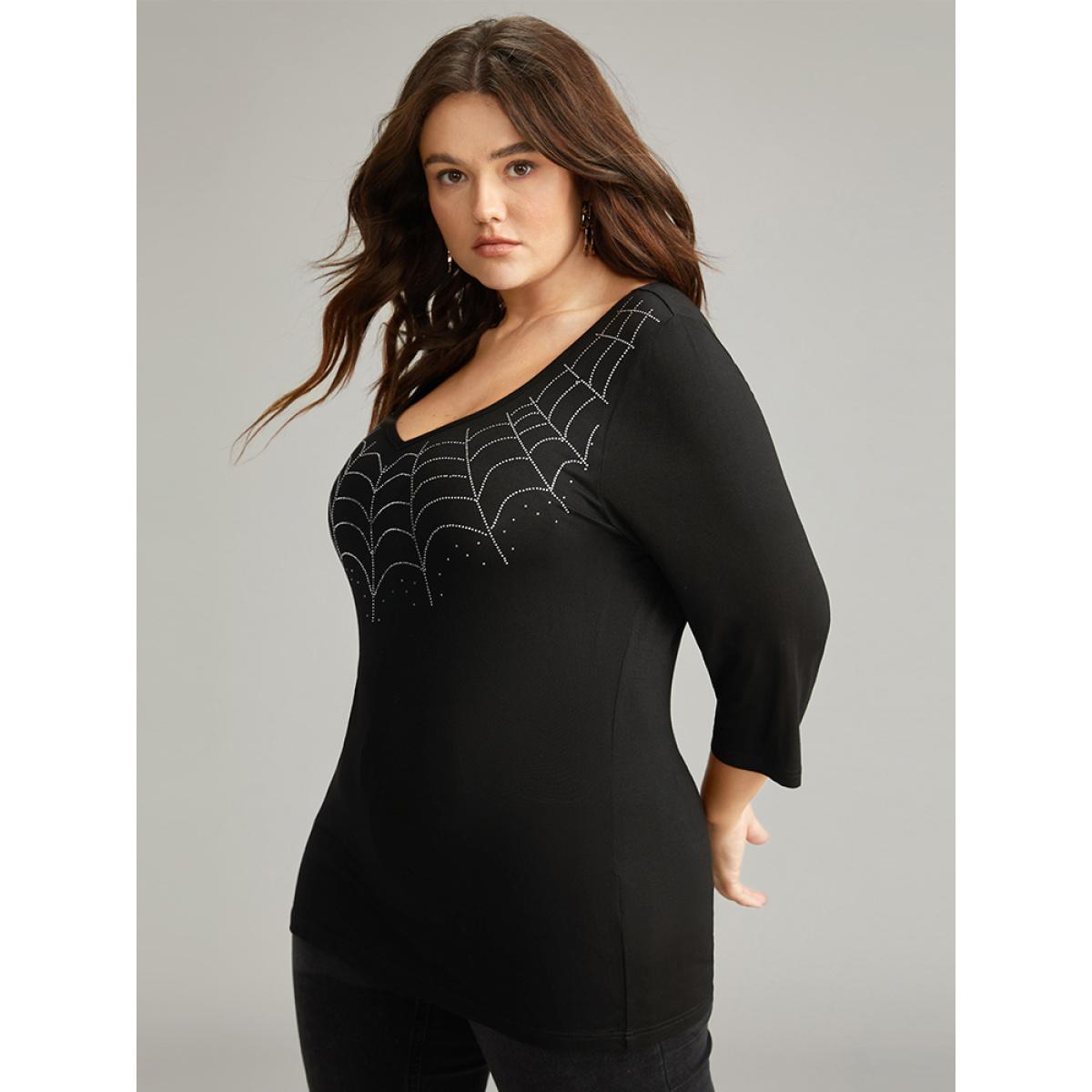 Plus Size Supersoft Essentials Halloween Graphic Rhinestone T-shirt Black Women Casual Rhinestone detailing Graphic-Halloween V-neck Festival-Halloween T-shirts BloomChic 22-24/3X Product Image