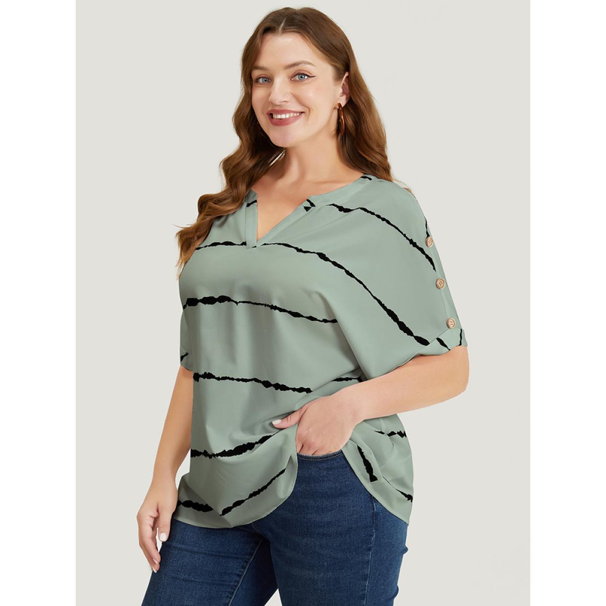 Plus Size Mint Tie Dye Notched Button Detail Roll Dolman Sleeve Striped Blouse Women Work From Home Short sleeve Notched collar Work Blouses BloomChic 12/L Product Image