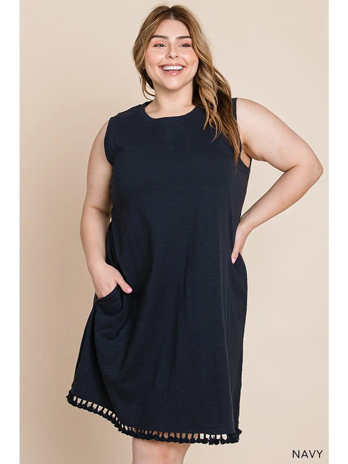 Navy Tassel Washed Cotton Dress For Women Female Product Image