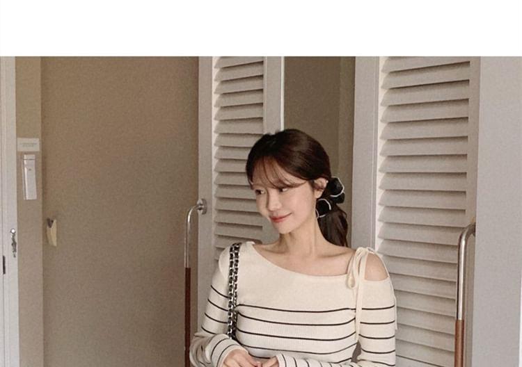 Long Sleeve Off Shoulder Bow Detail Striped Knit Top Product Image