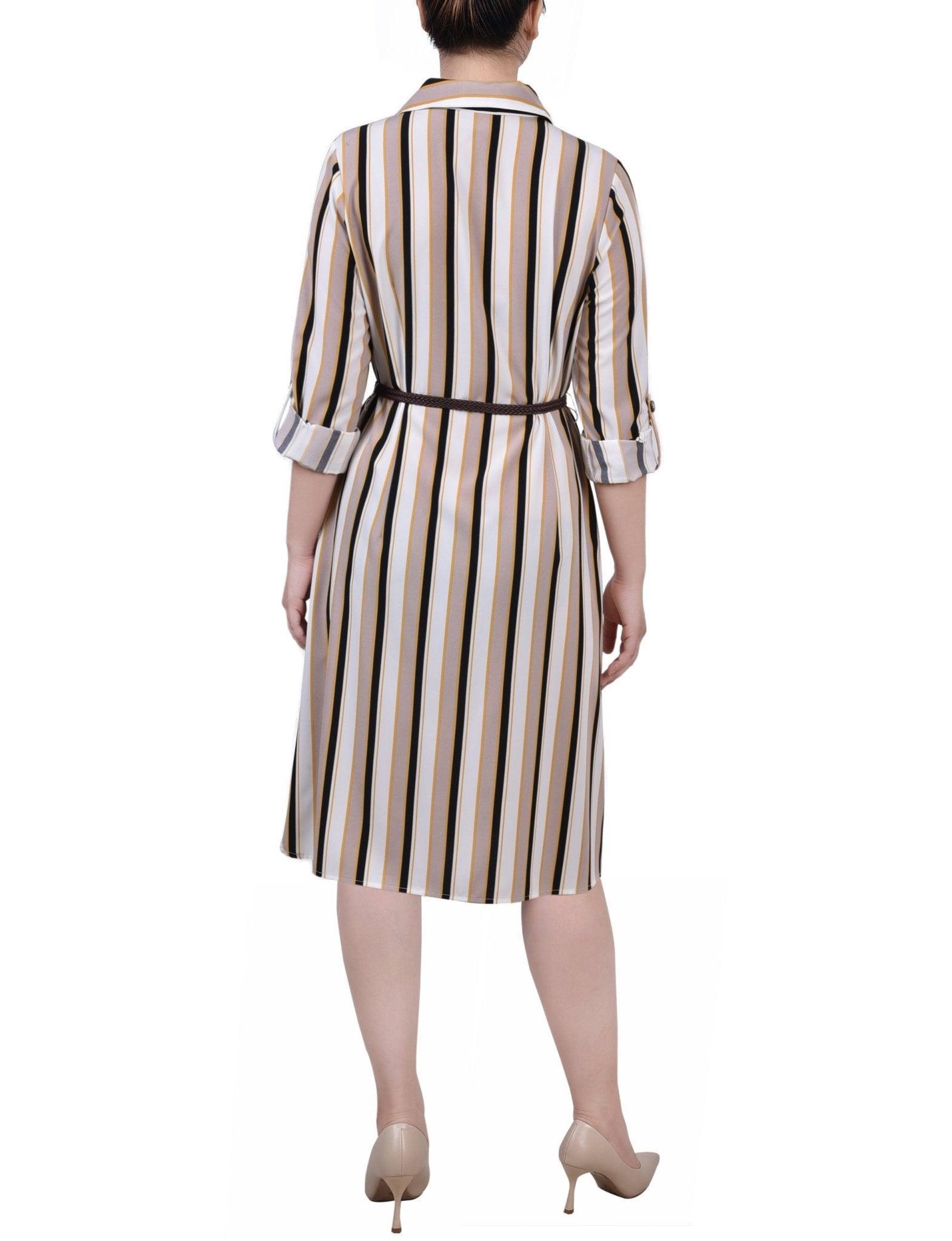Ivory Navy Sun Multi Stripe 3/4 Roll Tab Sleeve Shirtdress - Petite Product Image