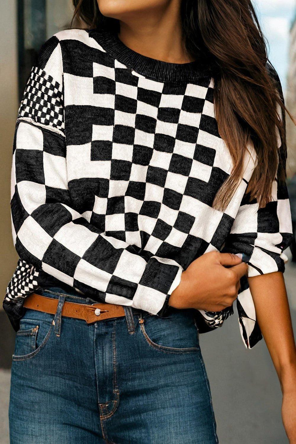 Checkered Print Drop Shoulder Round Neck Sweater - 2 Colors Available Product Image