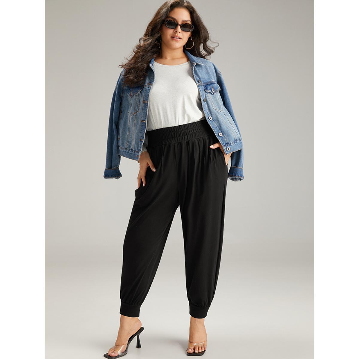 Solid Shirred Pocket Harem Sweatpants Black Plus Size Women Casual Dailywear Tummy control 28/5X Bloomchic Product Image